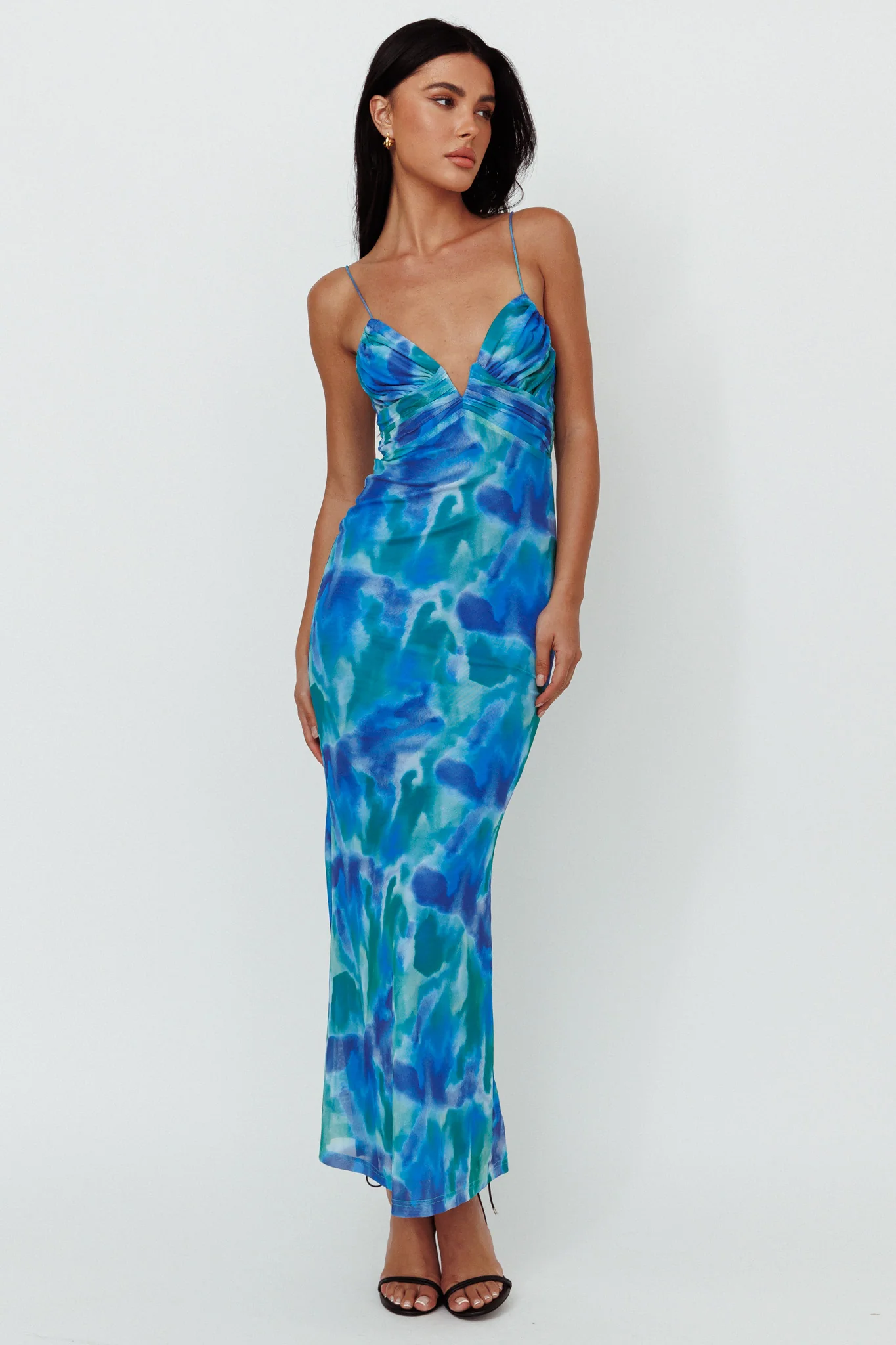 Marrakesh Gathered Bust Maxi Dress Print Blue - Image 3