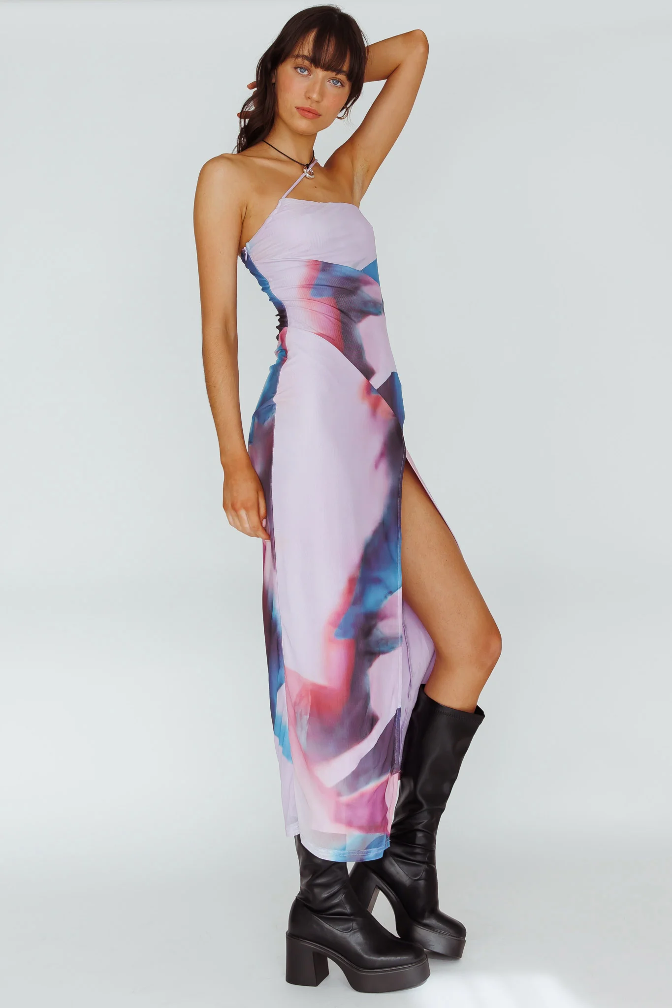 Martine One Strap Mesh Midi Dress Print Plum - Image 3