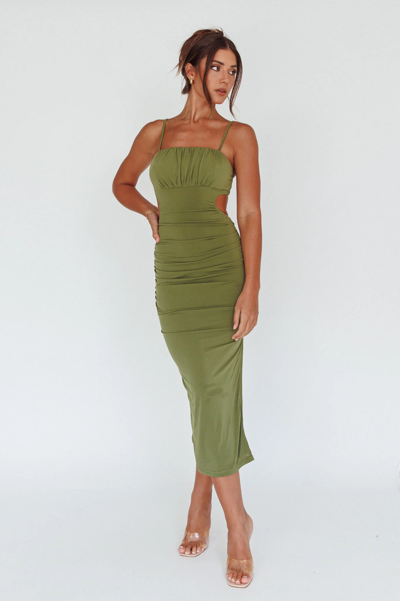 Mary Jane Gathered Bust Tie Back Midi Dress Olive - Image 5