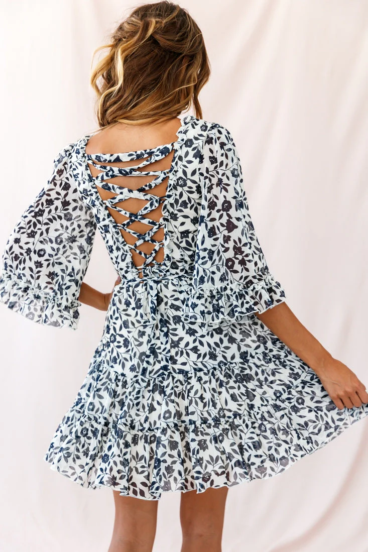 Maryanne Lace-Up Back Tea Dress Navy - Image 4