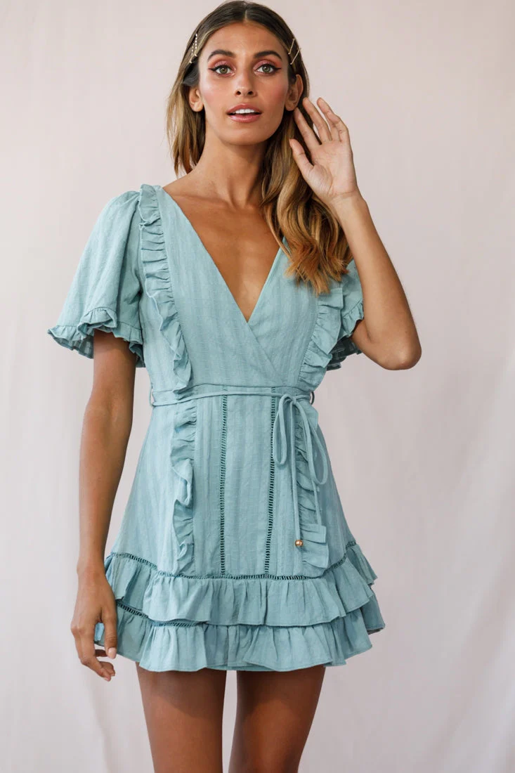 Marybelle Angel Sleeve A-Line Ruffle Dress Sage - Image 2