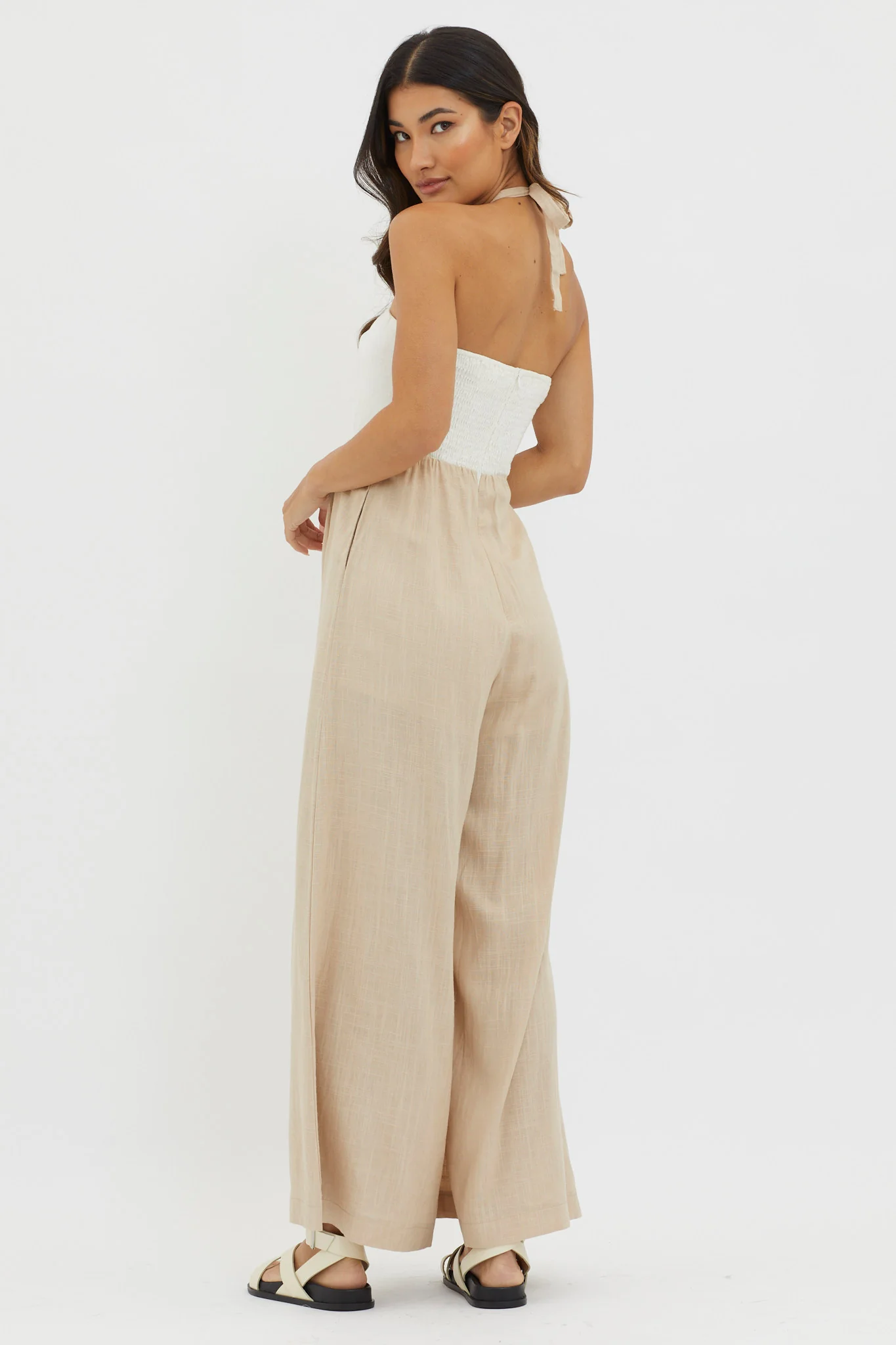 Maryn Wide Leg Halterneck Jumpsuit Beige - Image 2