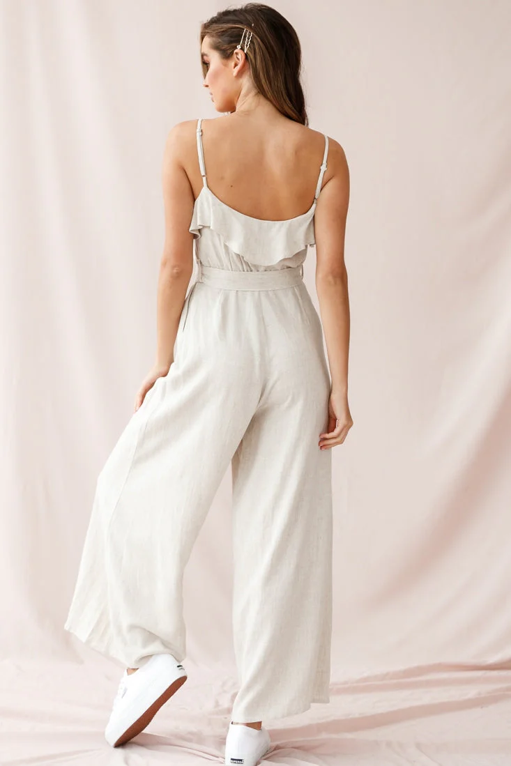 Mason Ruffle Neckline Wooden Buckle Belt Jumpsuit Natural - Image 3