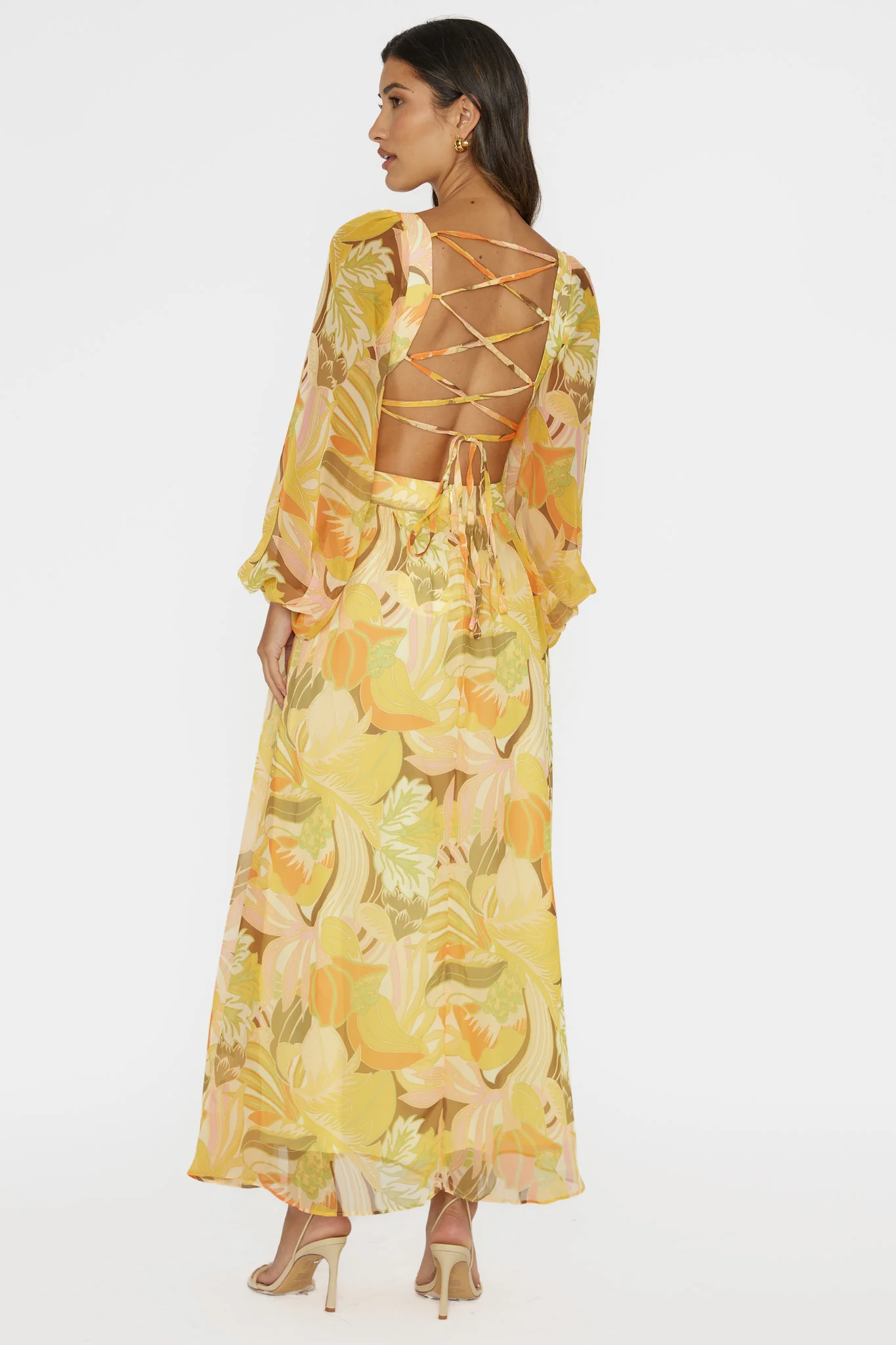 Maura Long Sleeve Lace-Up Back Dress Floral Yellow - Image 2