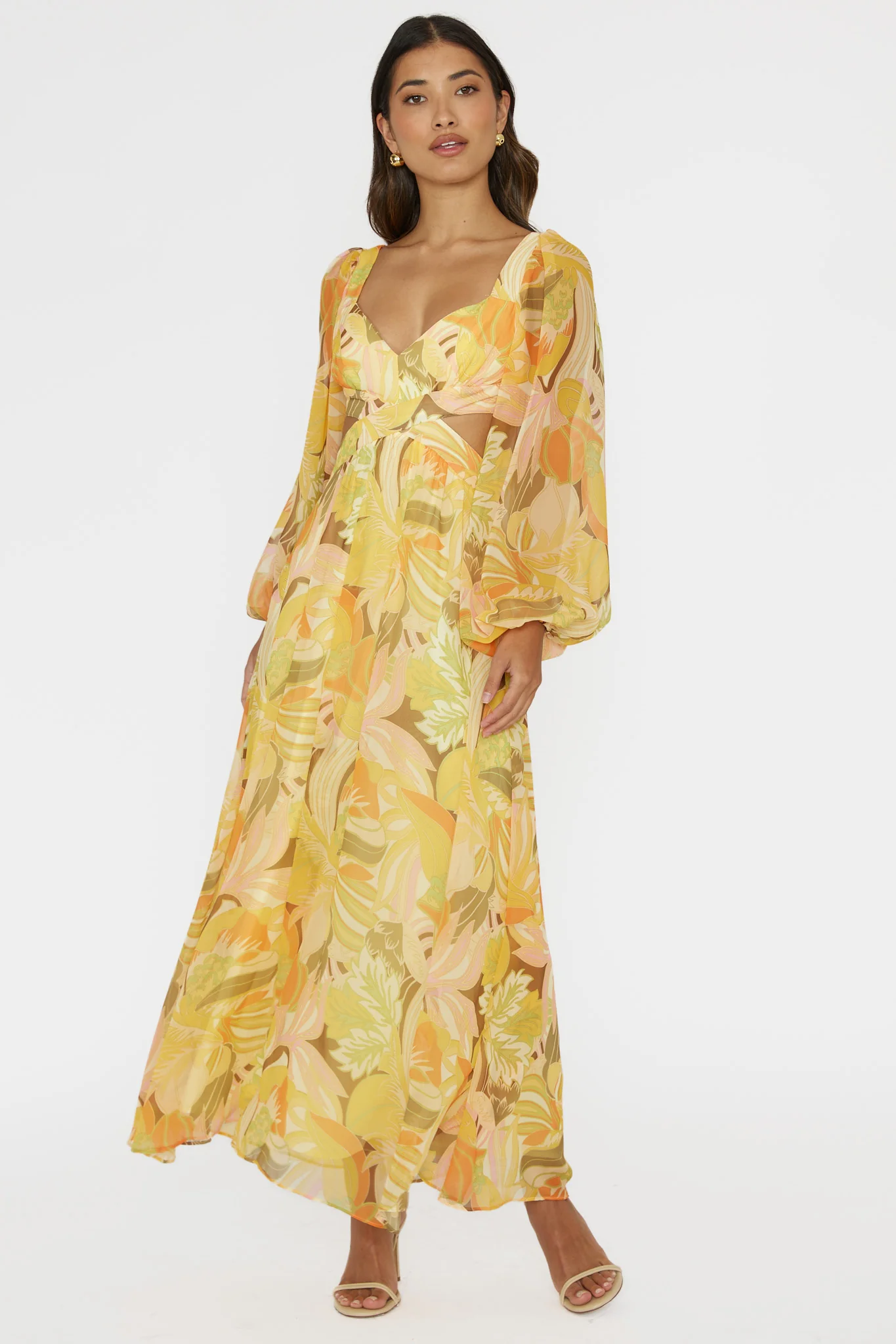 Maura Long Sleeve Lace-Up Back Dress Floral Yellow - Image 3