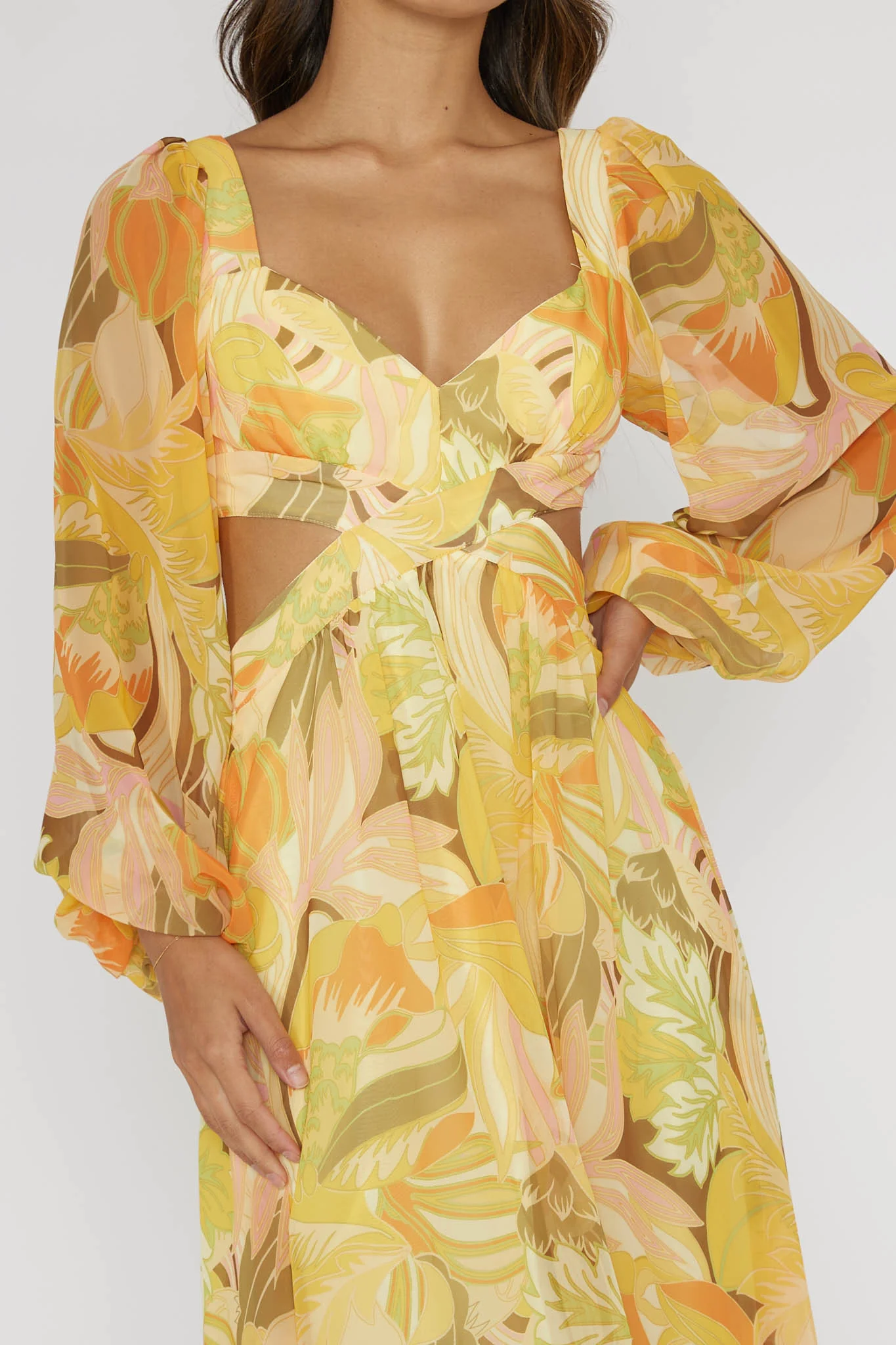 Maura Long Sleeve Lace-Up Back Dress Floral Yellow - Image 4
