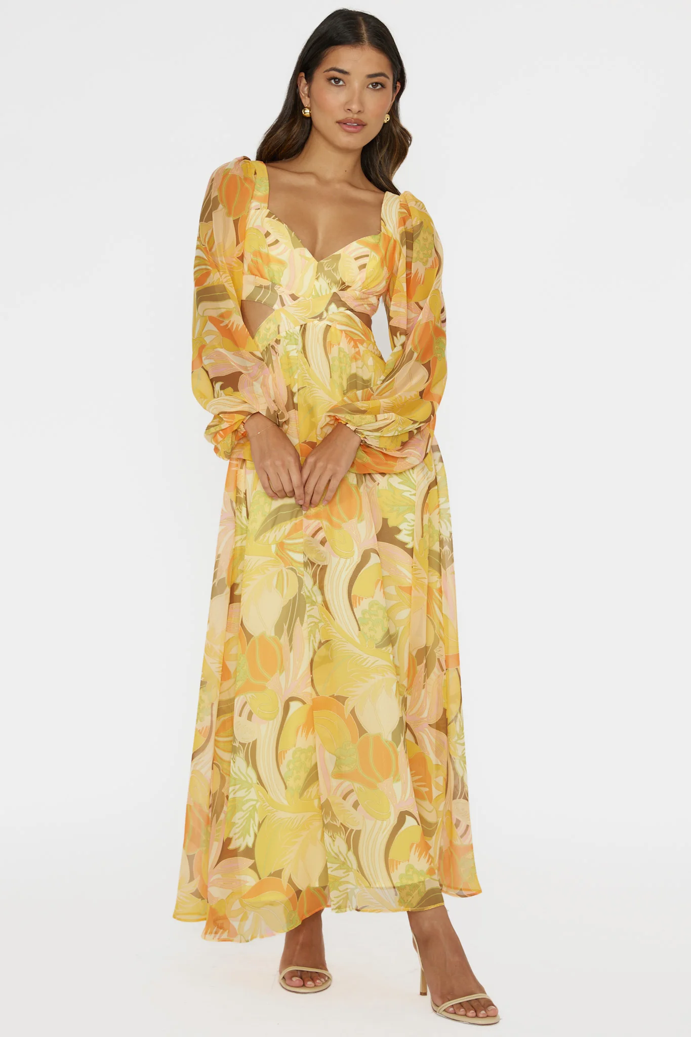 Maura Long Sleeve Lace-Up Back Dress Floral Yellow - Image 5