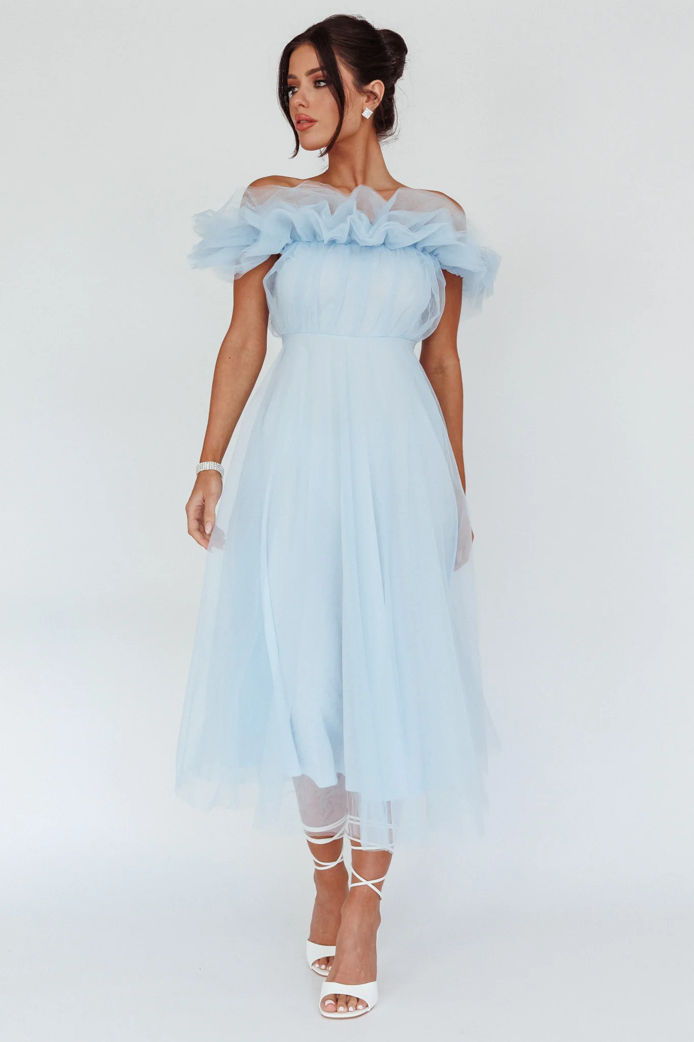 May Rose Off-Shoulder Tulle Midi Dress Light Blue - Image 3