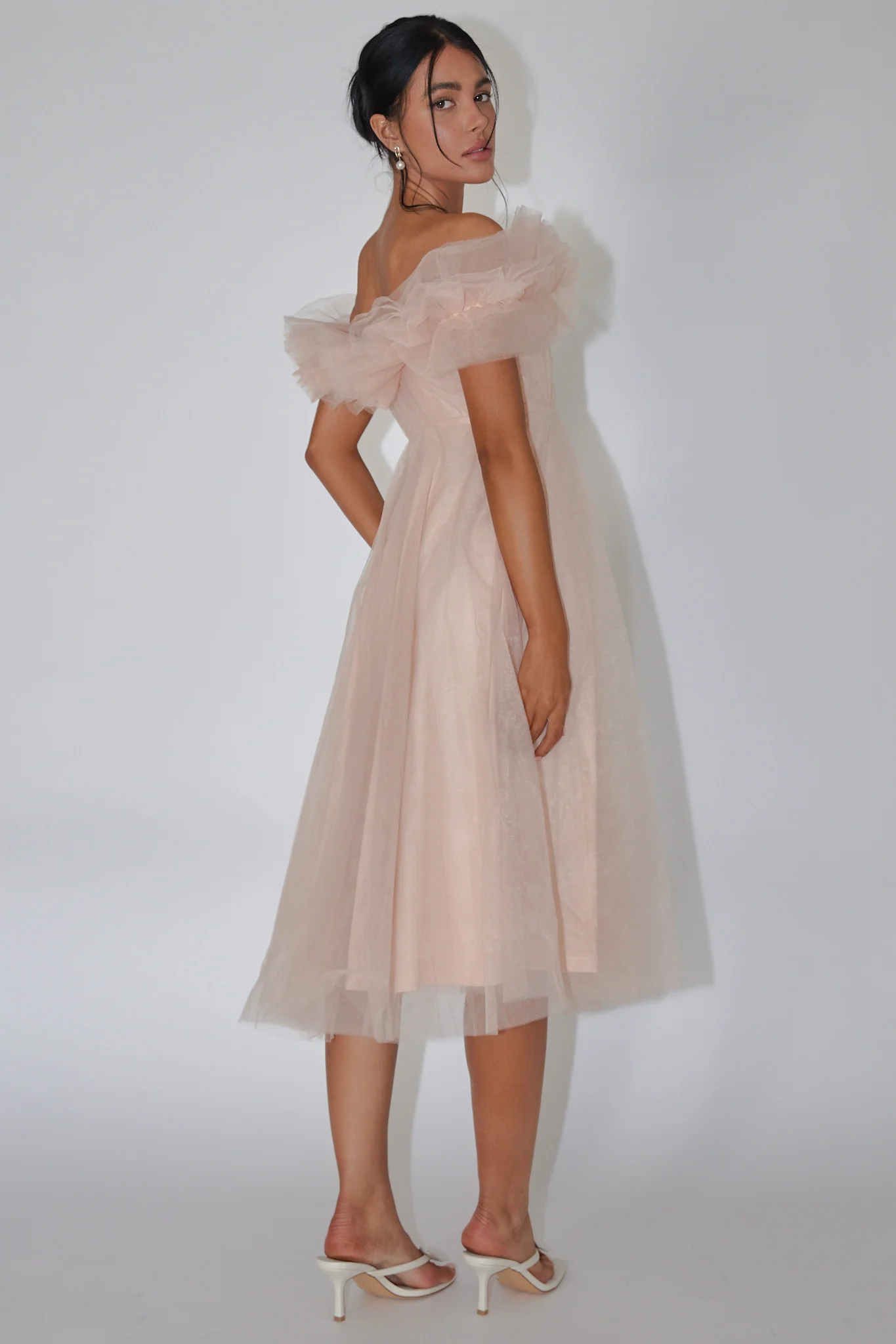 May Rose Off-Shoulder Tulle Midi Dress Taupe - Image 2