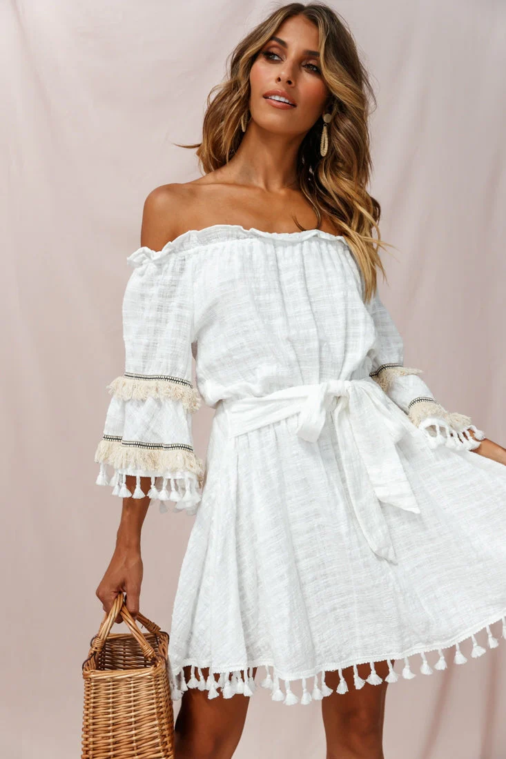 Maya Off-Shoulder Lined Tassel Dress White - Image 3