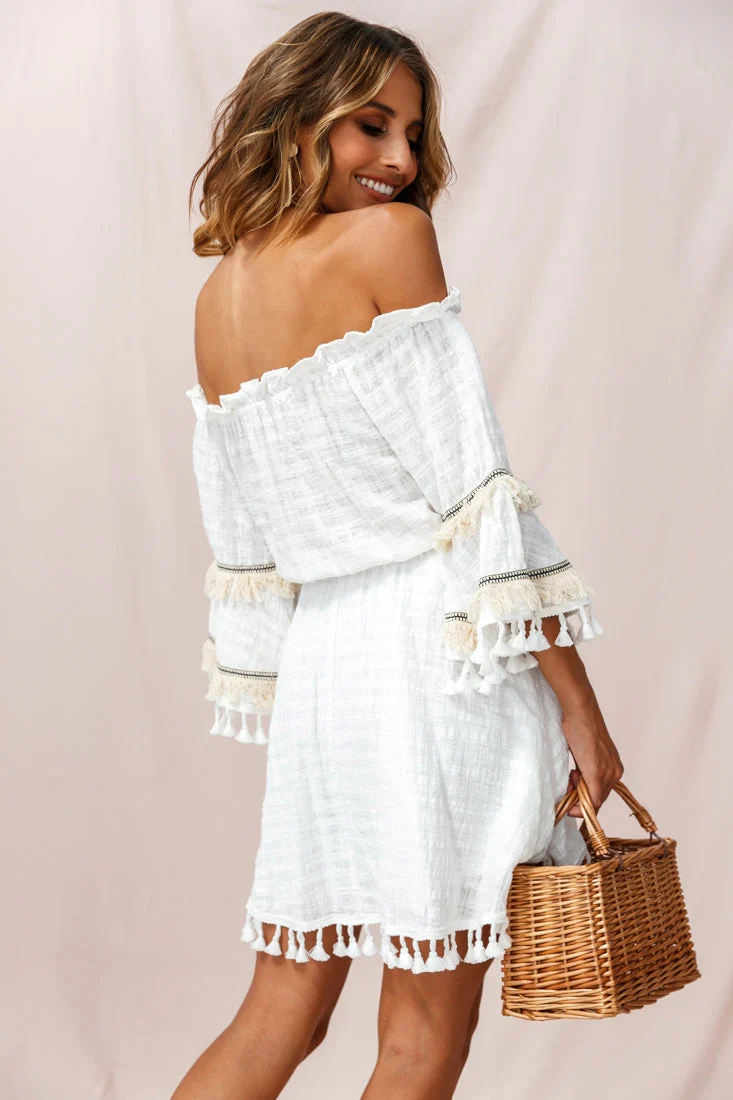 Maya Off-Shoulder Lined Tassel Dress White - Image 4