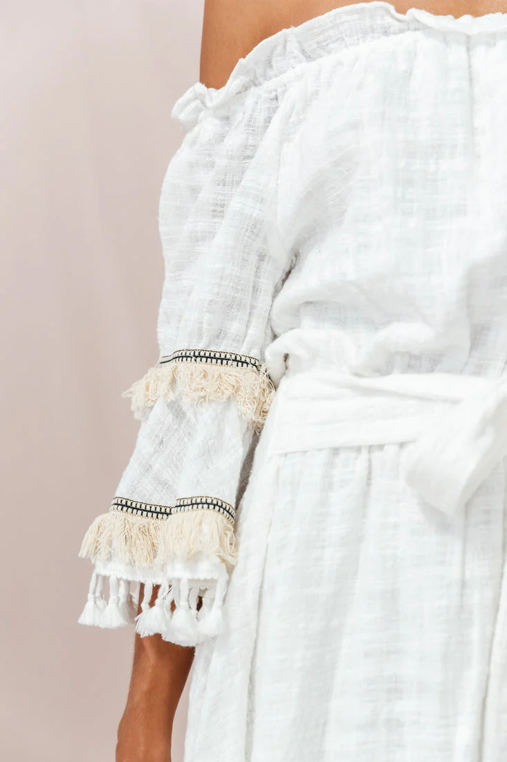 Maya Off-Shoulder Lined Tassel Dress White - Image 5