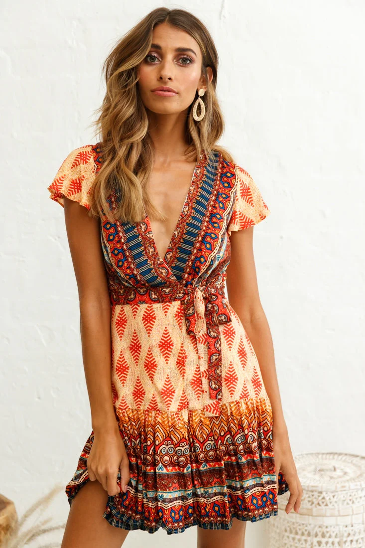 Mayan Angel Sleeve Waist Tie Dress Red Print - Image 2