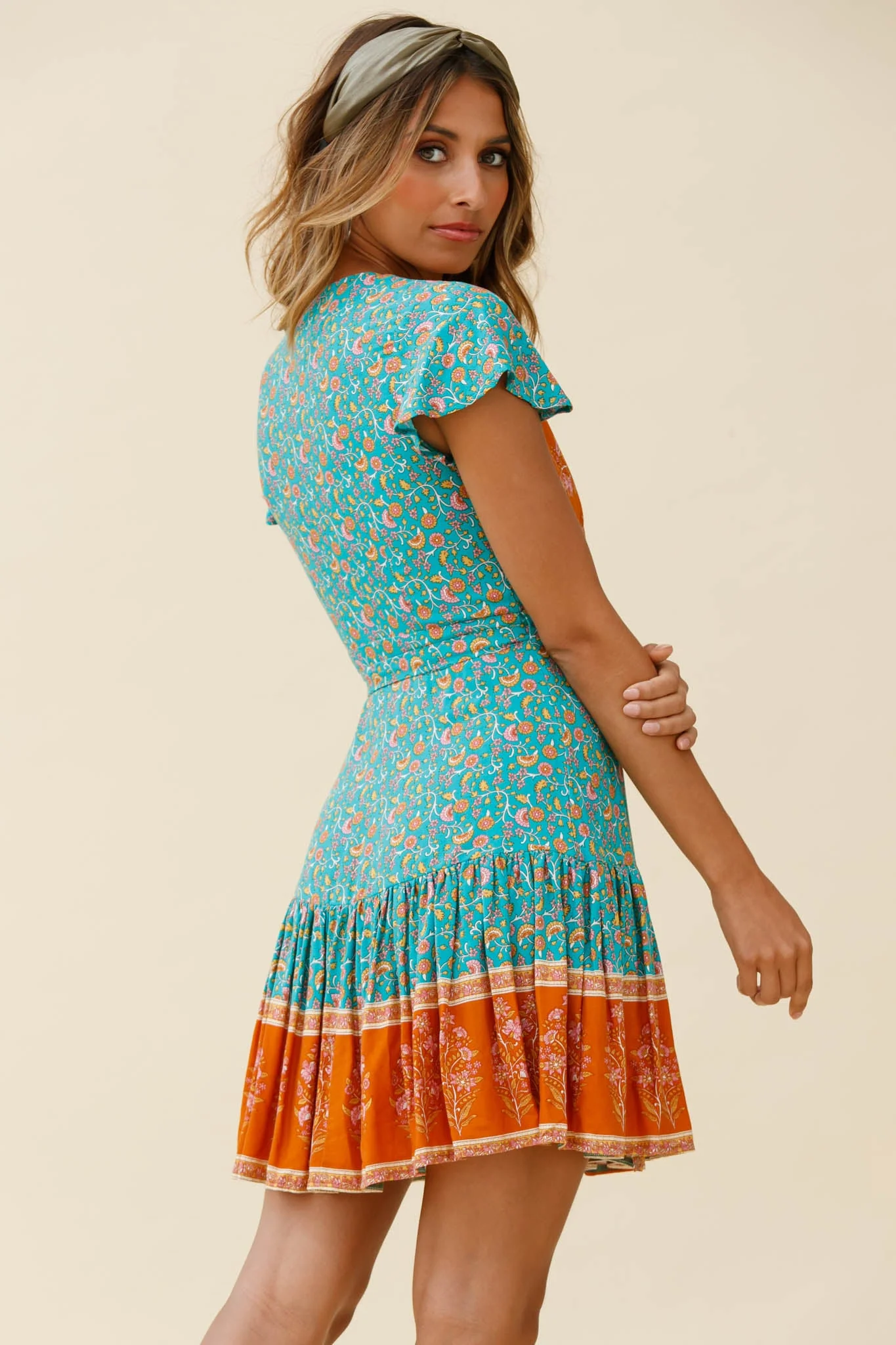 Mayan Angel Sleeve Waist Tie Wrap Dress Floral Print Jade - Image 3
