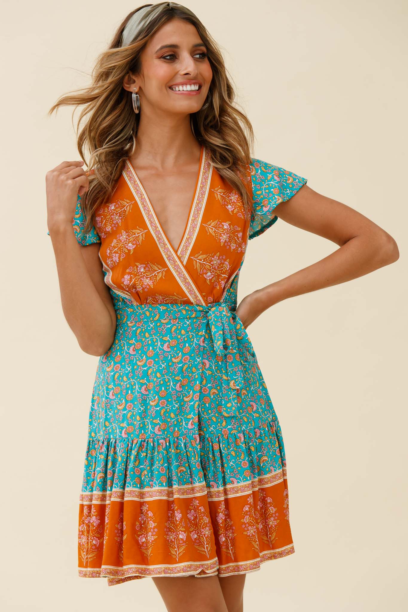 Mayan Angel Sleeve Waist Tie Wrap Dress Floral Print Jade - Image 5