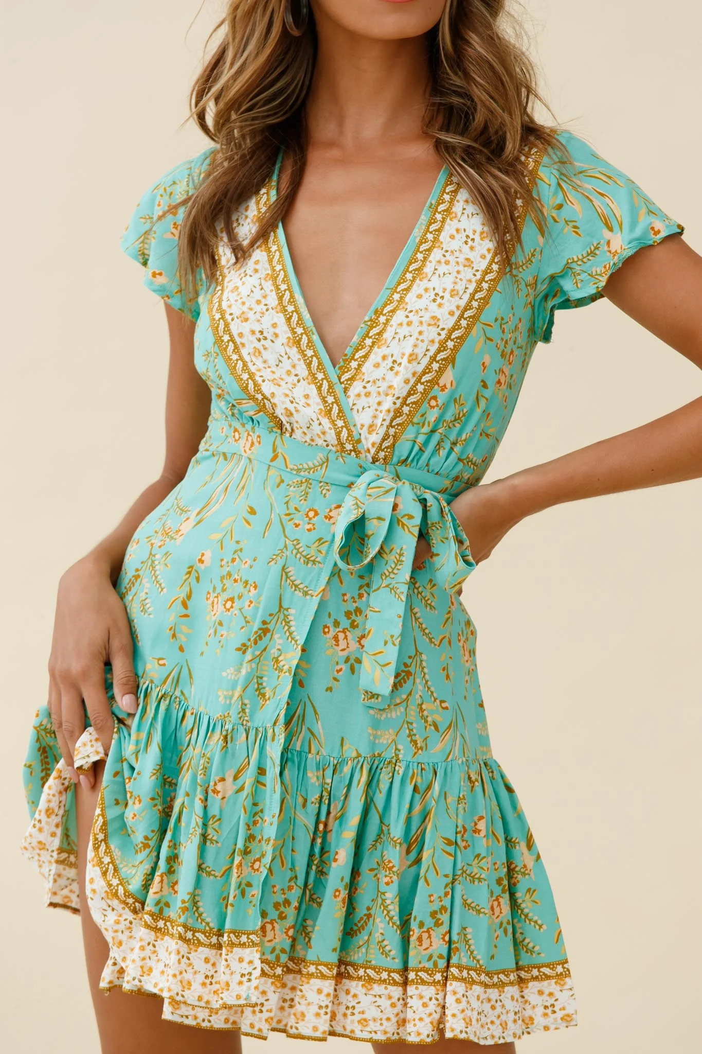 Mayan Angel Sleeve Waist Tie Wrap Dress Floral Print Mint - Image 4
