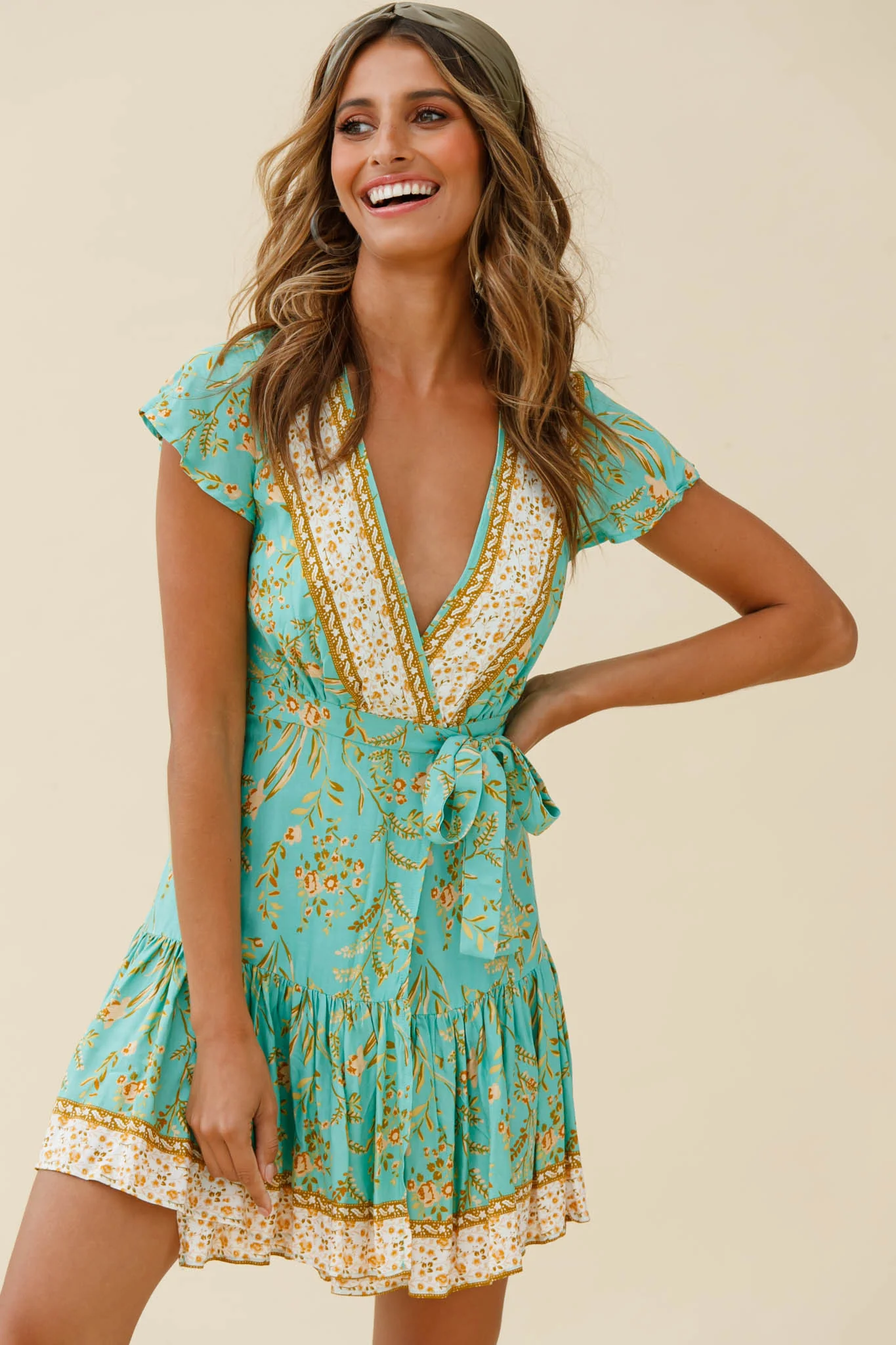 Mayan Angel Sleeve Waist Tie Wrap Dress Floral Print Mint - Image 5