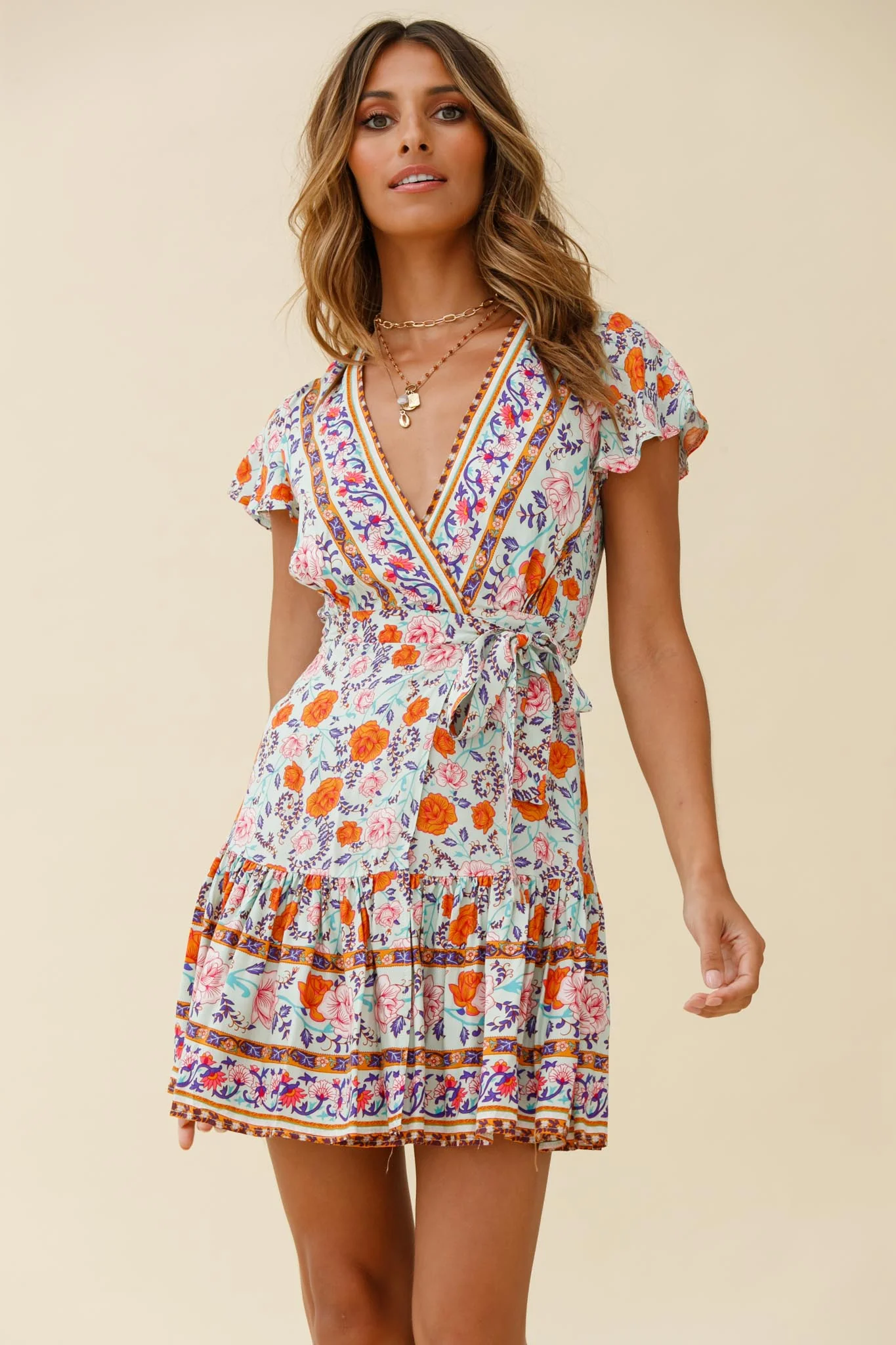 Mayan Angel Sleeve Waist Tie Wrap Dress Floral Print Mint/Pink - Image 4