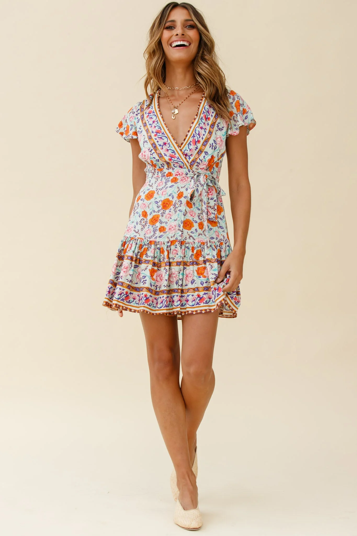 Mayan Angel Sleeve Waist Tie Wrap Dress Floral Print Mint/Pink - Image 7