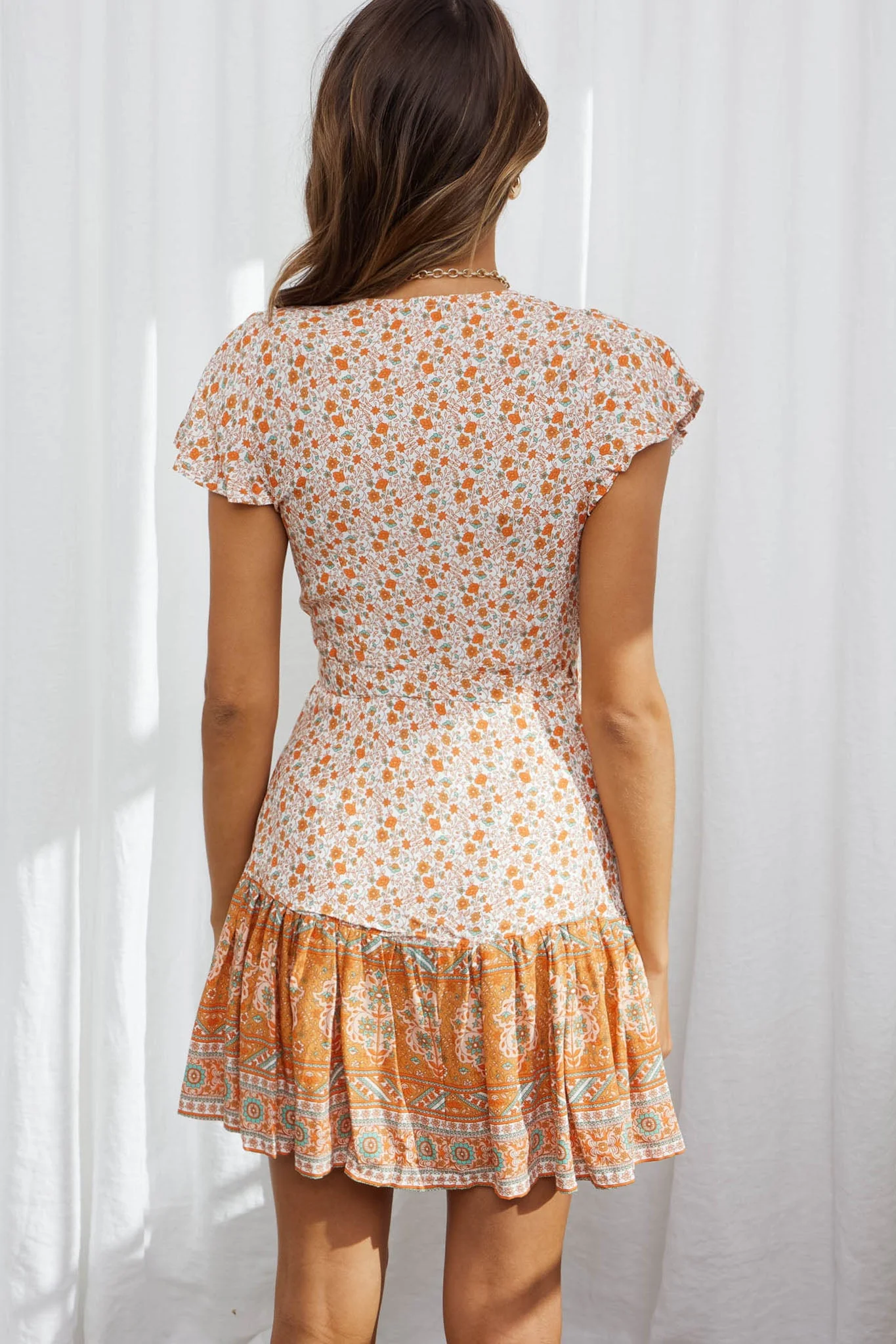 Mayan Angel Sleeve Waist Tie Wrap Dress Floral Print Orange - Image 5