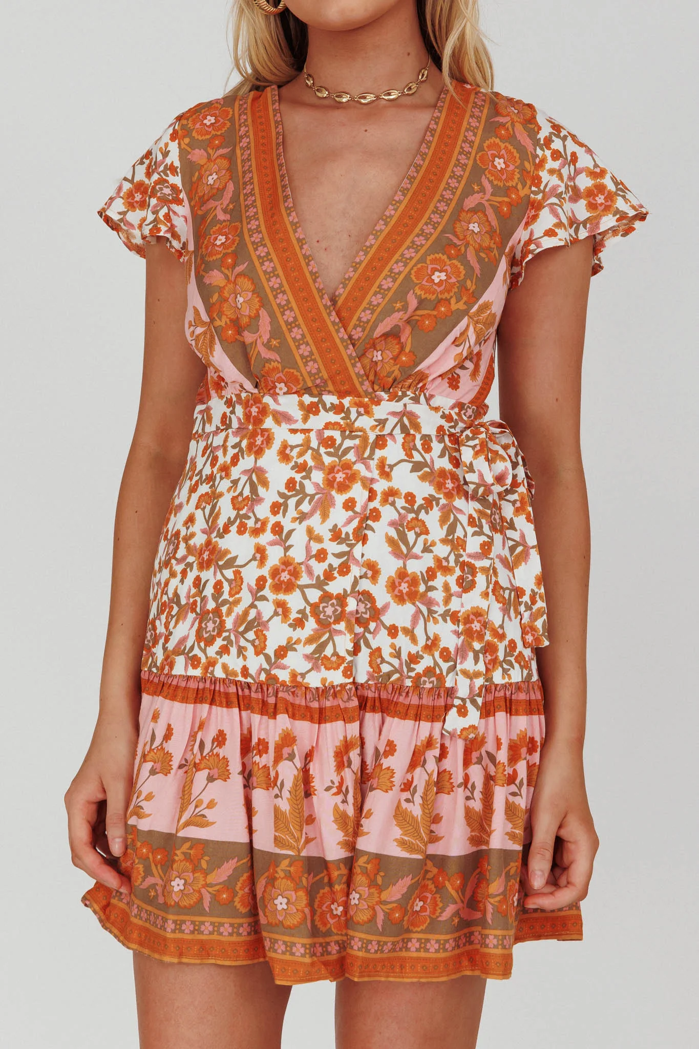 Mayan Angel Sleeve Waist Tie Wrap Dress Floral White/Pink - Image 4