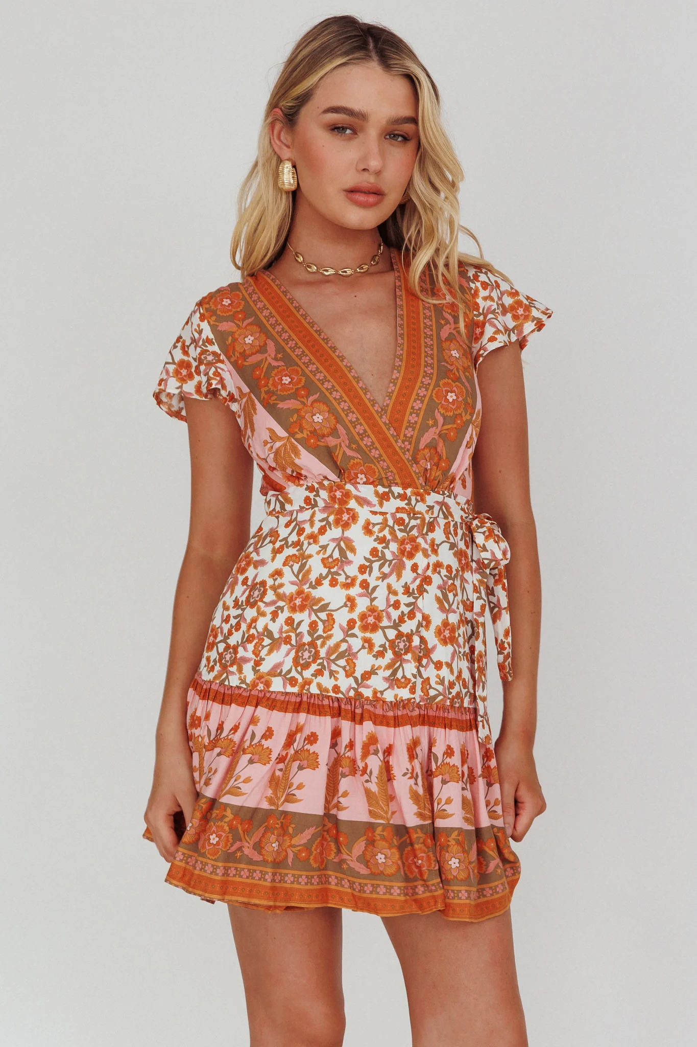 Mayan Angel Sleeve Waist Tie Wrap Dress Floral White/Pink - Image 5