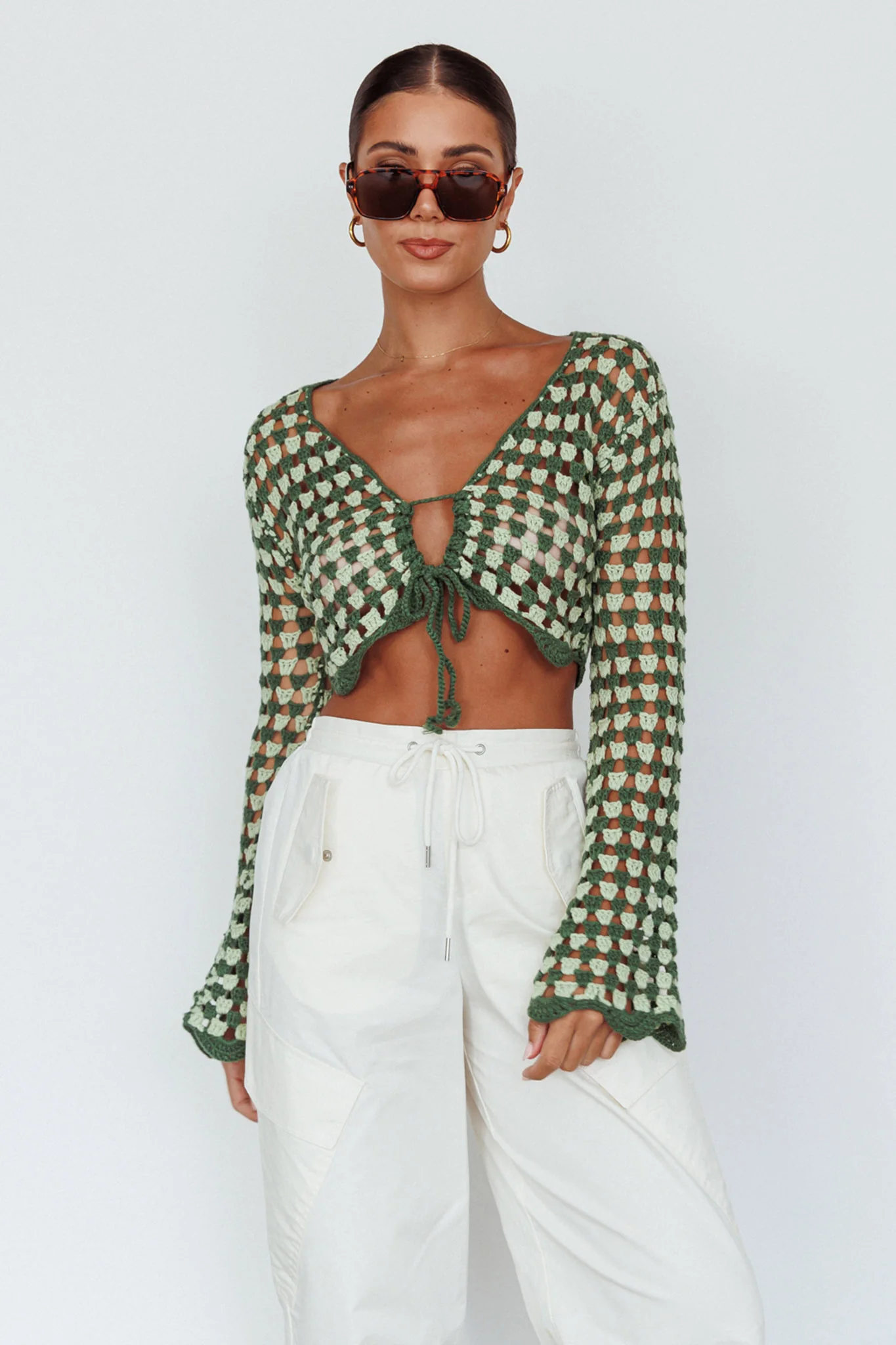 Maycie Long Sleeve Crochet Crop Top Green Multi - Image 4