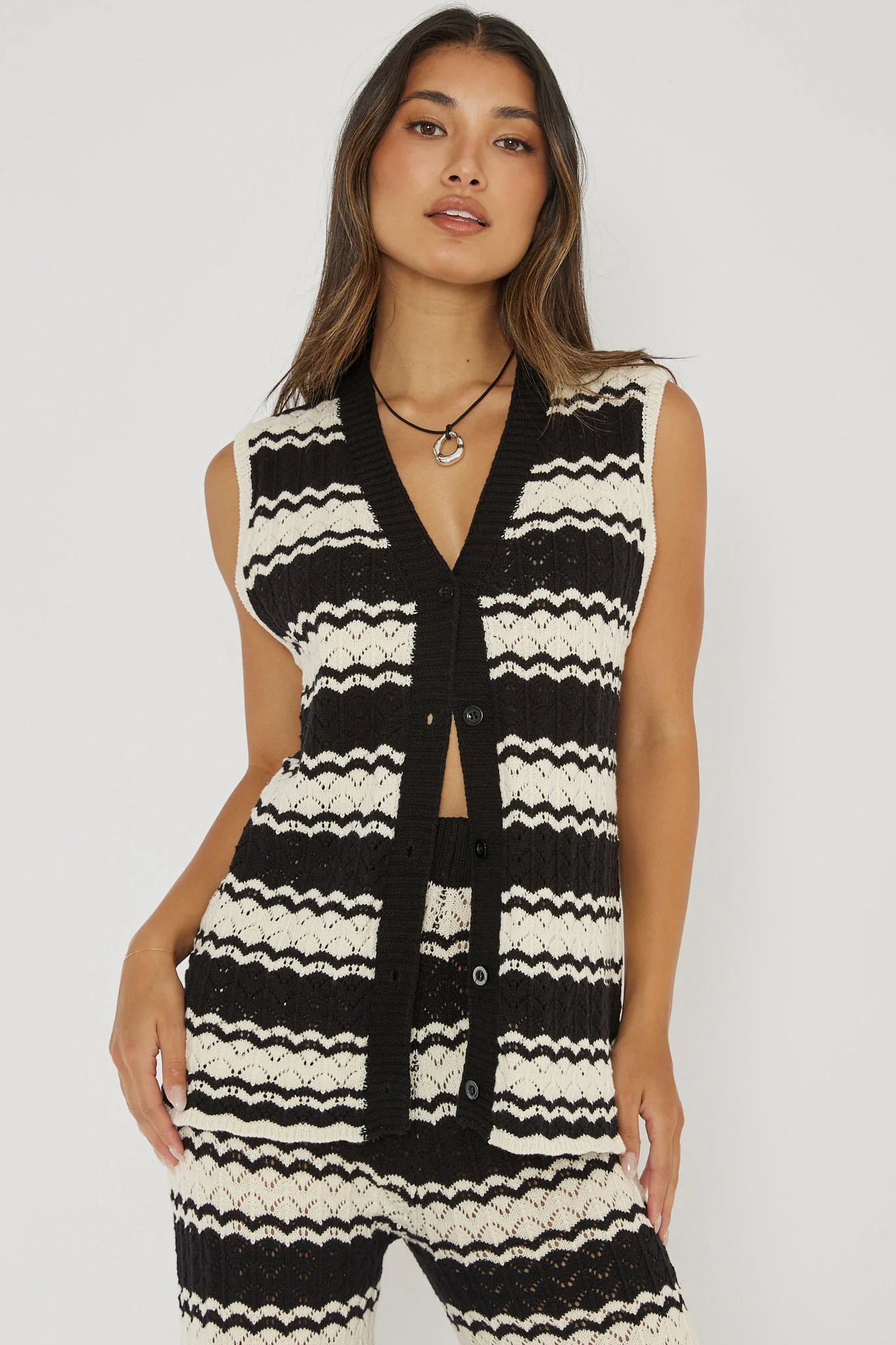 Maysah Button-Up Crochet Top Black/White - Image 6