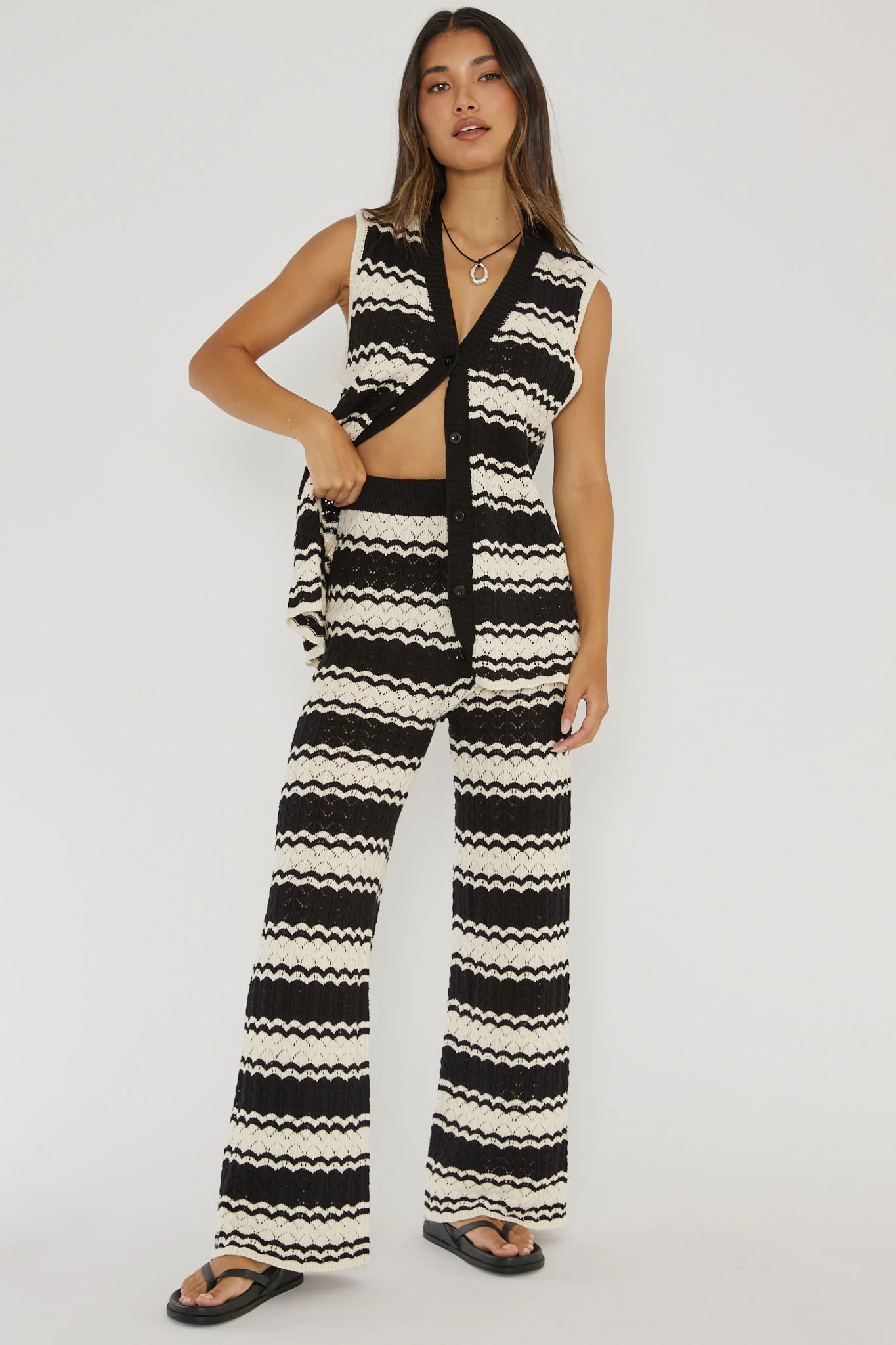 Maysah Elastic Waist Crochet Pants Black/White - Image 2