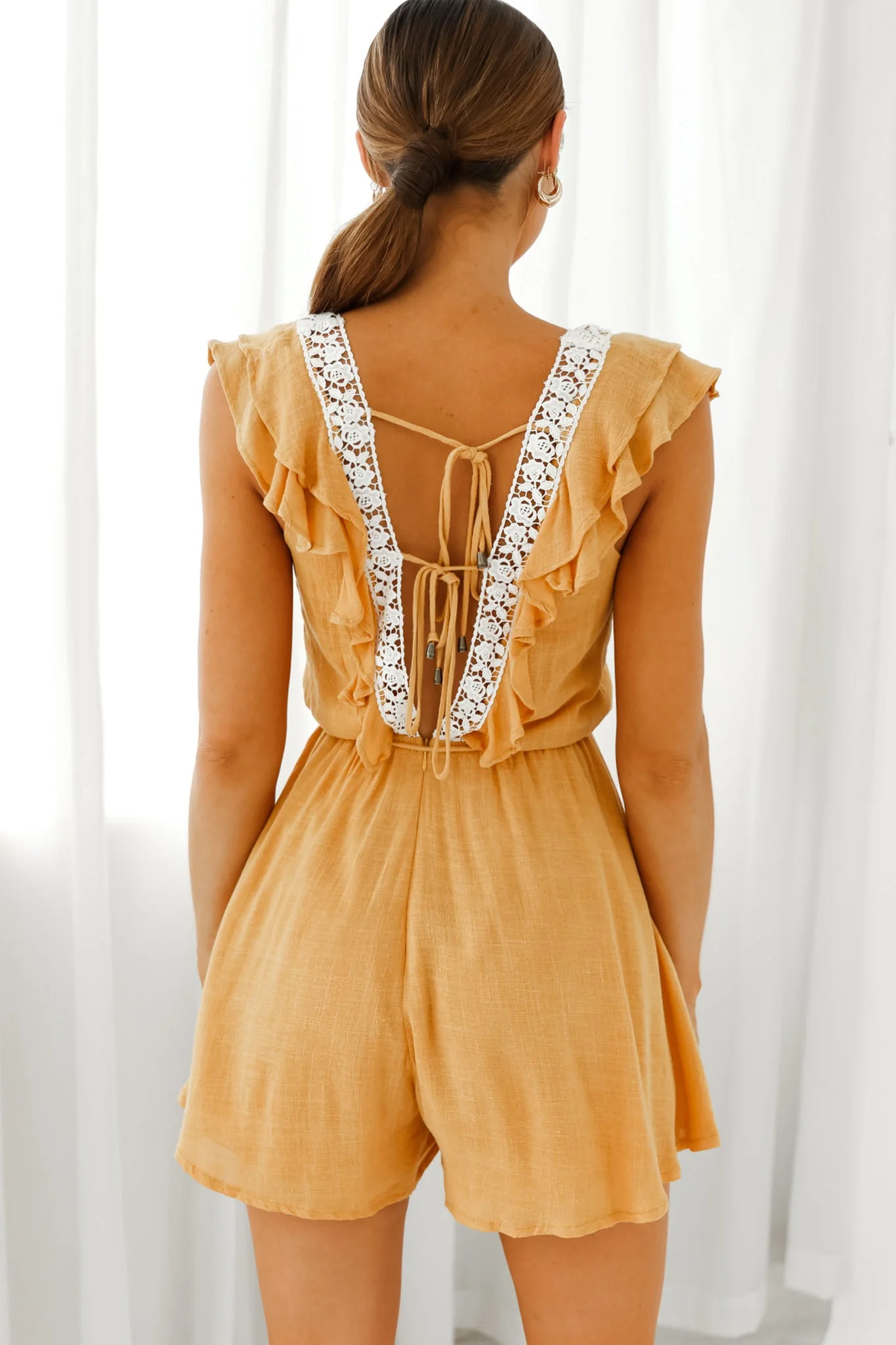 Meet Again Crochet Lace Trim Tie-Up Back Romper Mustard - Image 2