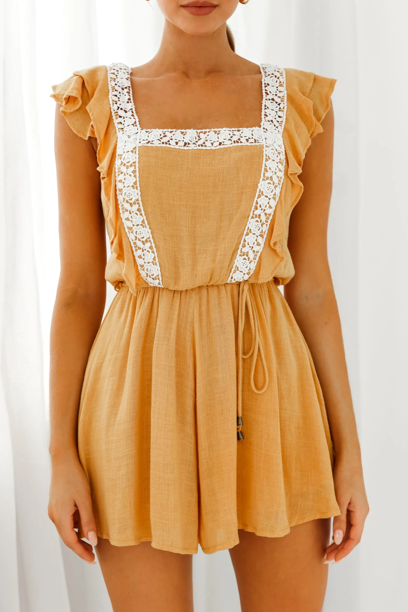 Meet Again Crochet Lace Trim Tie-Up Back Romper Mustard - Image 4