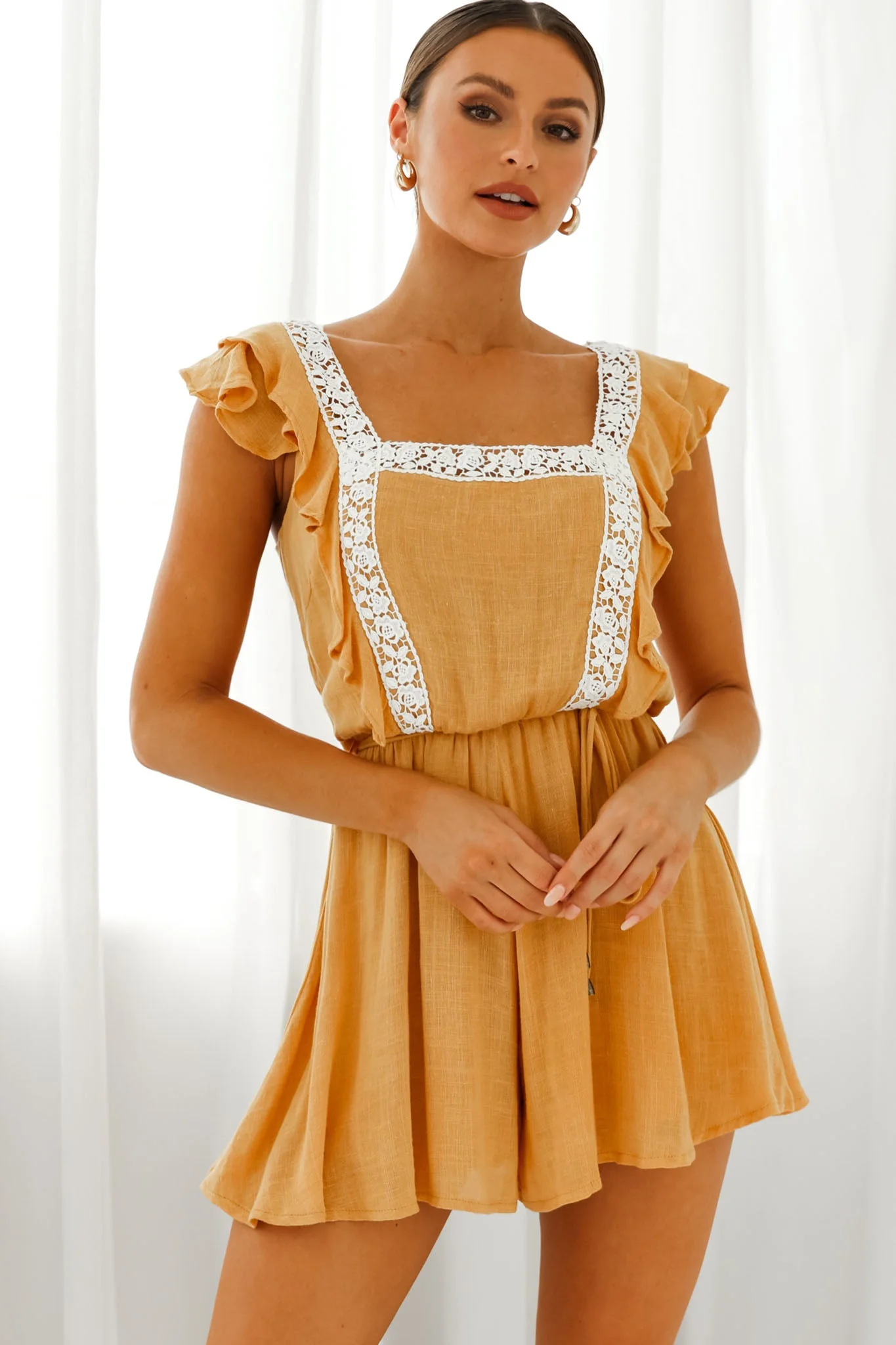 Meet Again Crochet Lace Trim Tie-Up Back Romper Mustard - Image 5