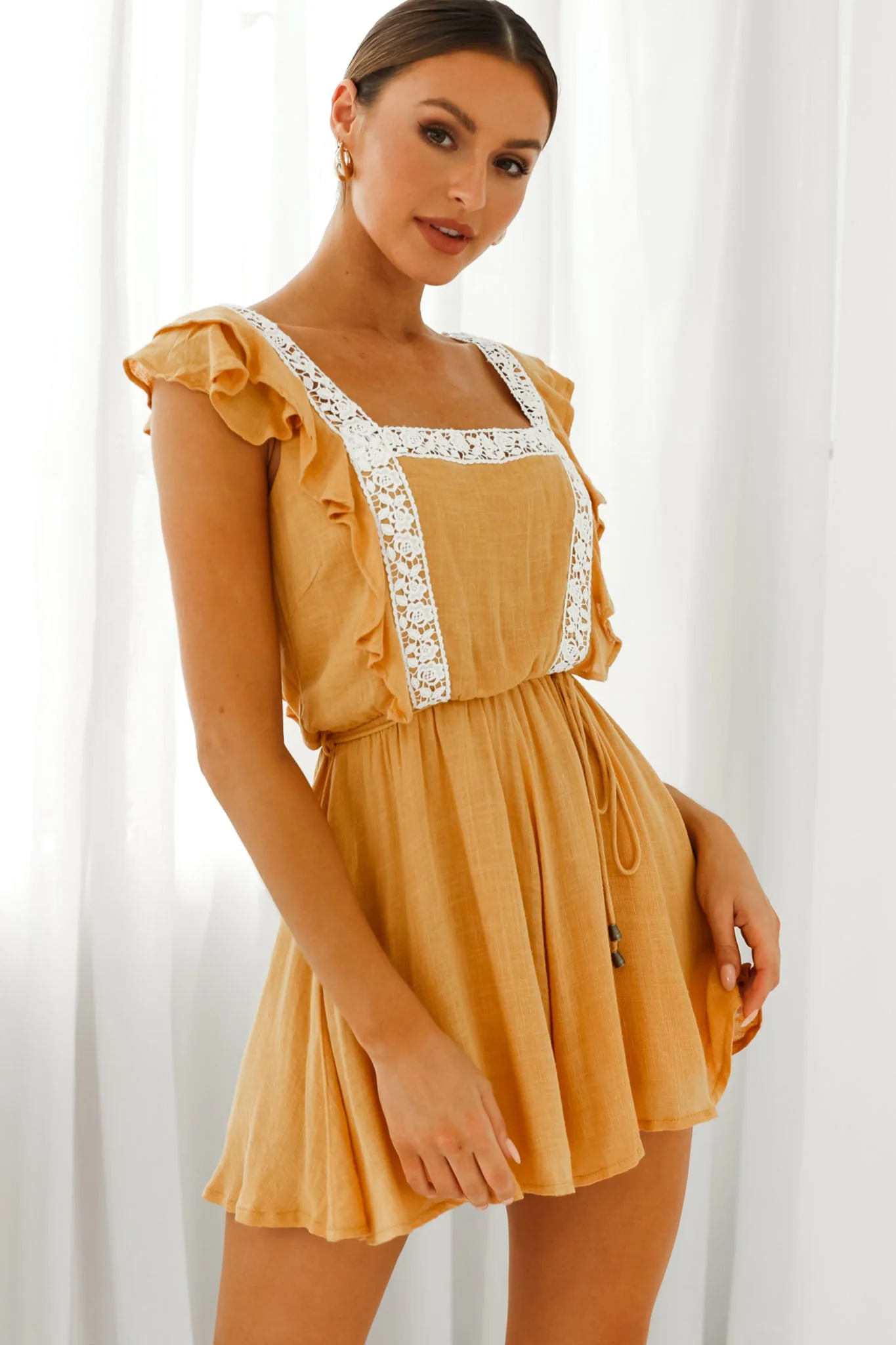 Meet Again Crochet Lace Trim Tie-Up Back Romper Mustard - Image 7