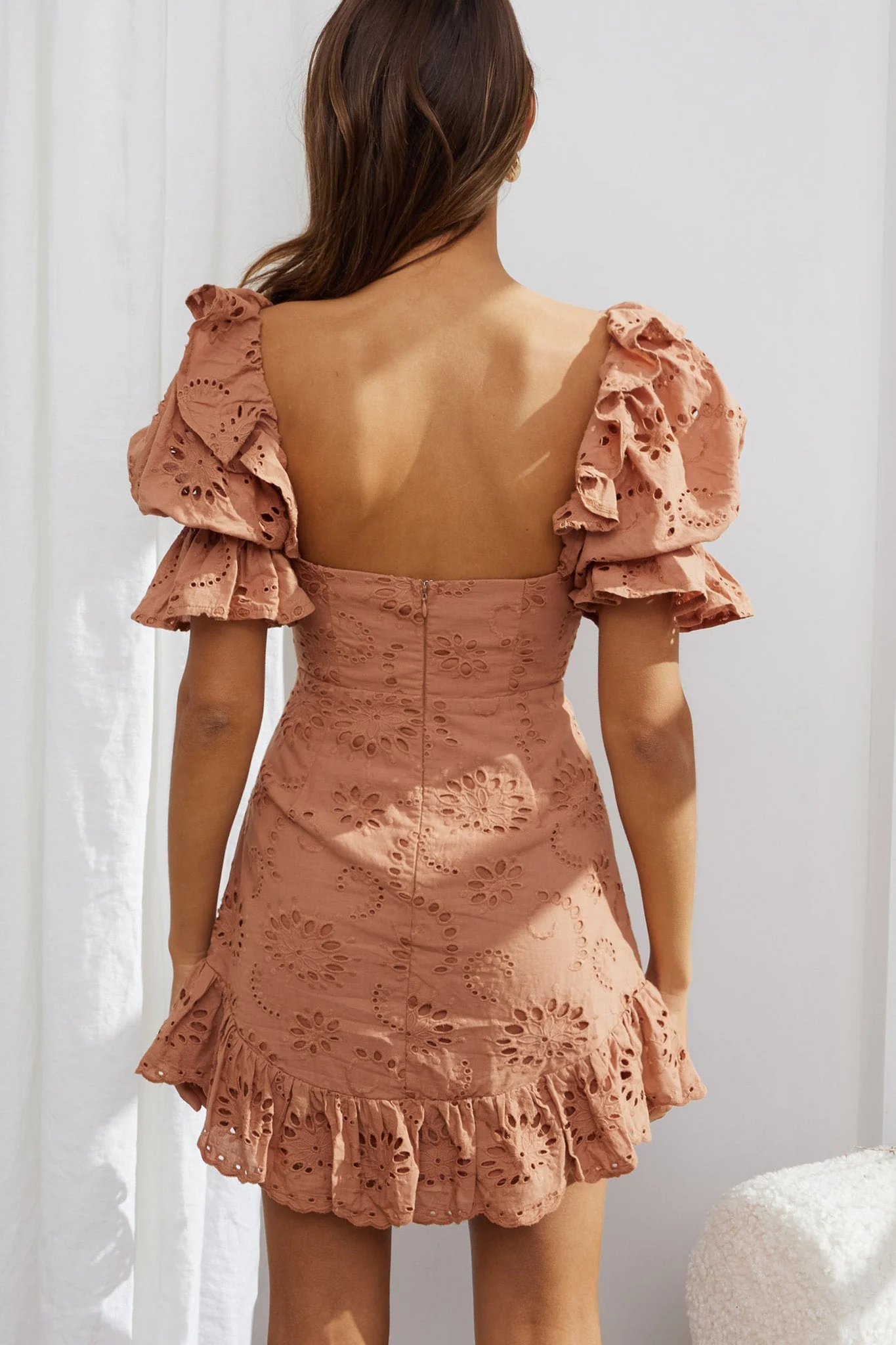 Meet Cute Twist Bust Puff Sleeve Eyelet Dress Latte - Image 6