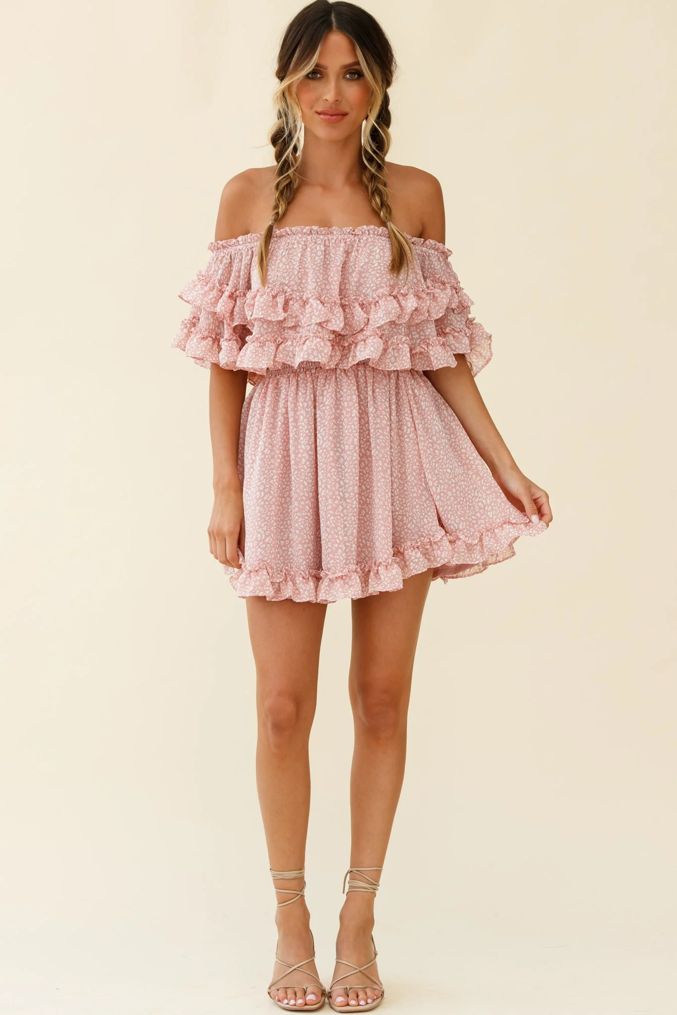 Meet Me At Sunset Bardot Neckline Frill Trim Dress Speckle Print Pink - Image 2