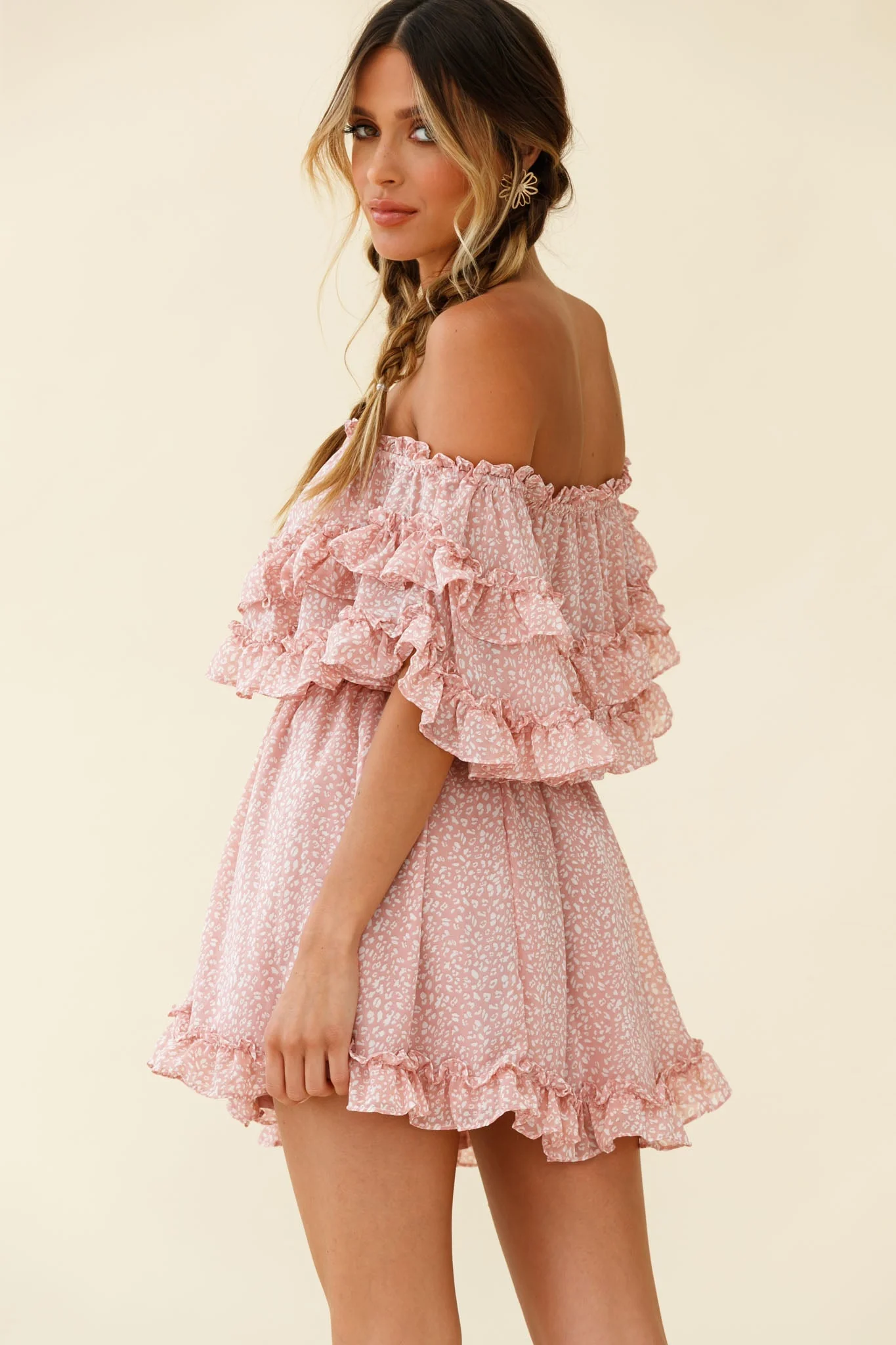 Meet Me At Sunset Bardot Neckline Frill Trim Dress Speckle Print Pink - Image 3