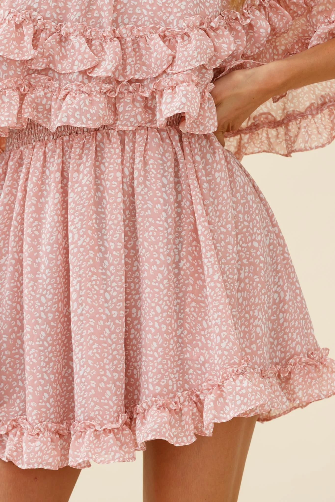 Meet Me At Sunset Bardot Neckline Frill Trim Dress Speckle Print Pink - Image 4