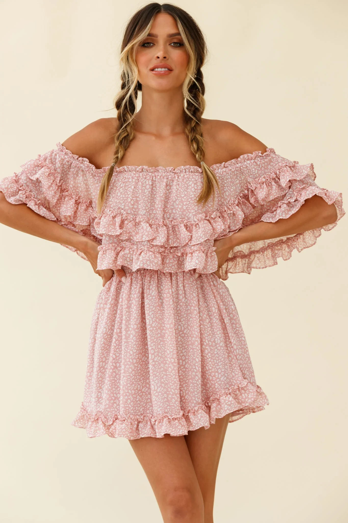 Meet Me At Sunset Bardot Neckline Frill Trim Dress Speckle Print Pink - Image 6
