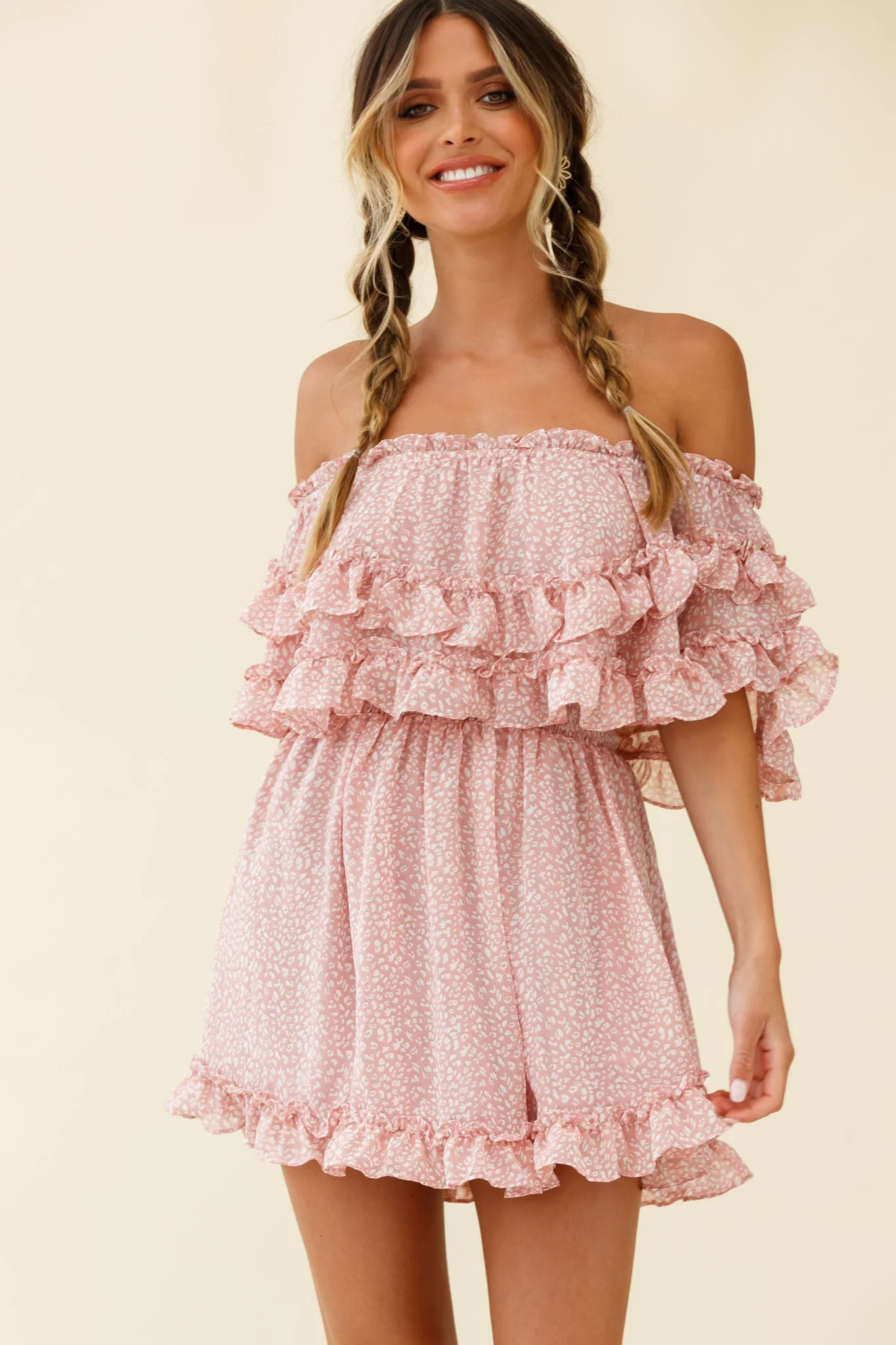 Meet Me At Sunset Bardot Neckline Frill Trim Dress Speckle Print Pink - Image 7