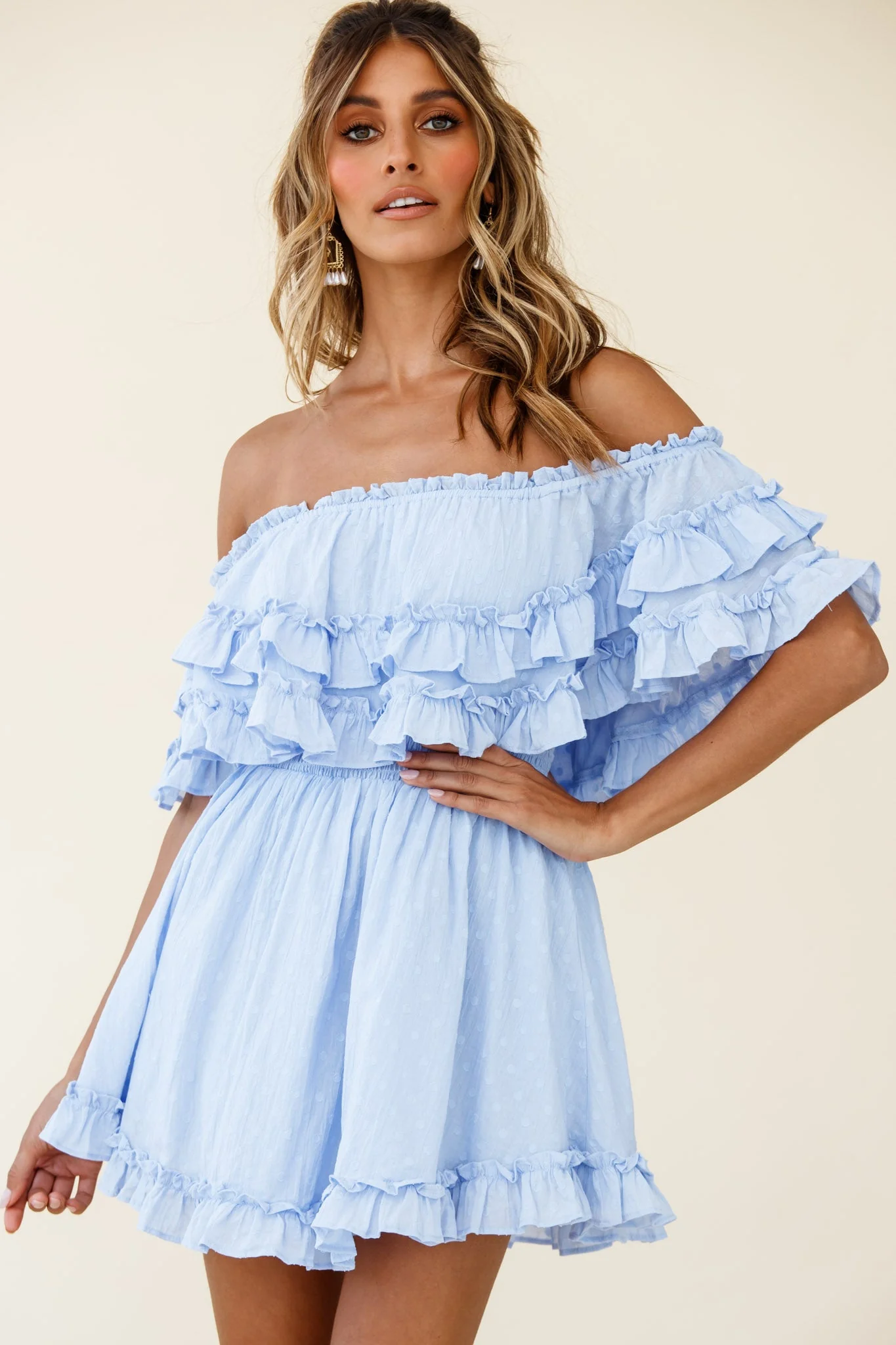 Meet Me At Sunset Bardot Neckline Frill Trim Dress Spotty Steel Blue - Image 6