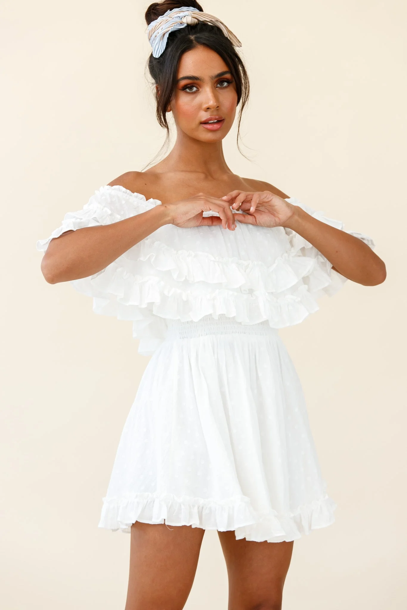 Meet Me At Sunset Bardot Neckline Frill Trim Dress Spotty White - Image 4