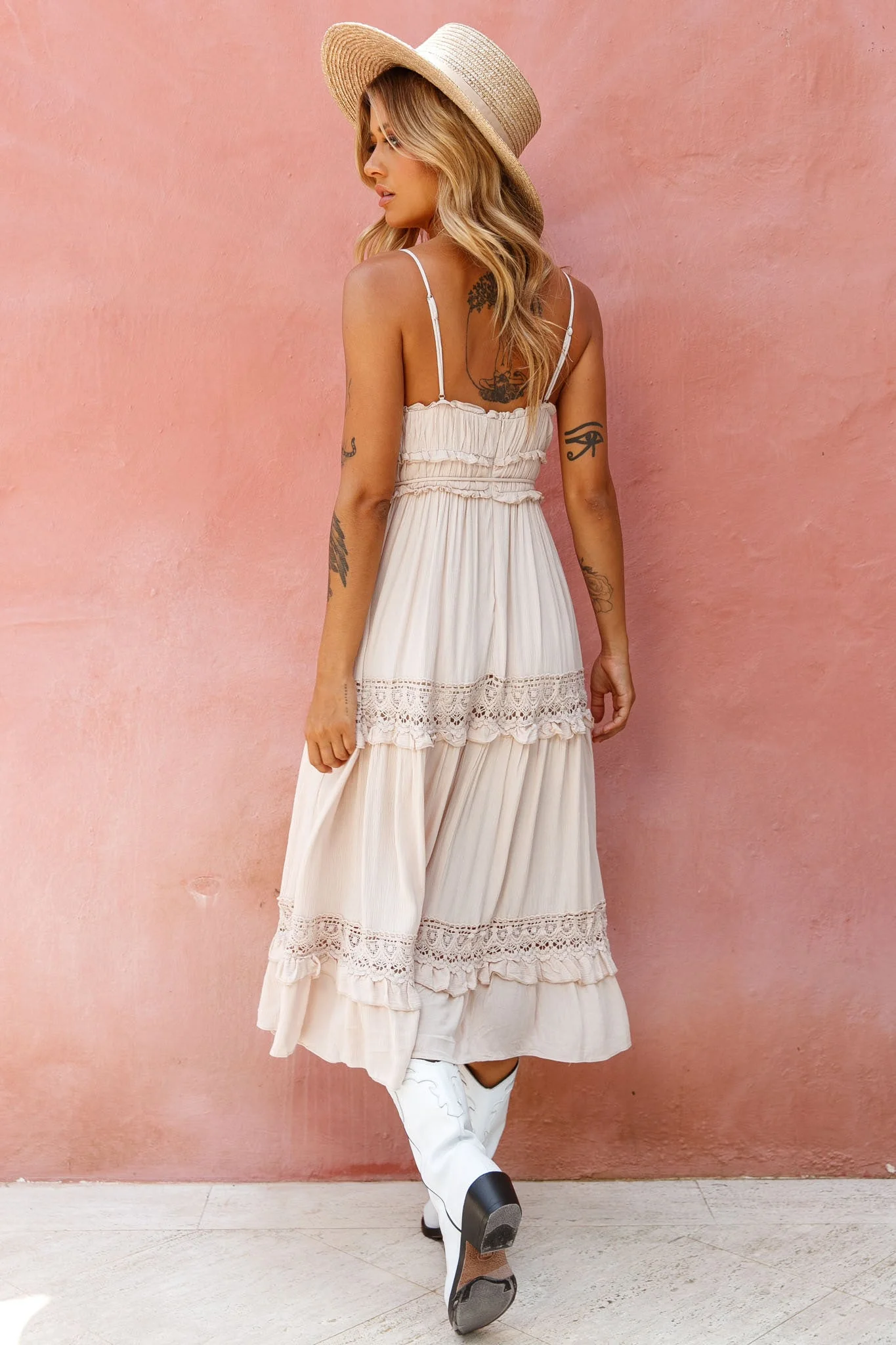 Meet You There Crochet & Frill Trim Detail Midi Dress Beige - Image 3