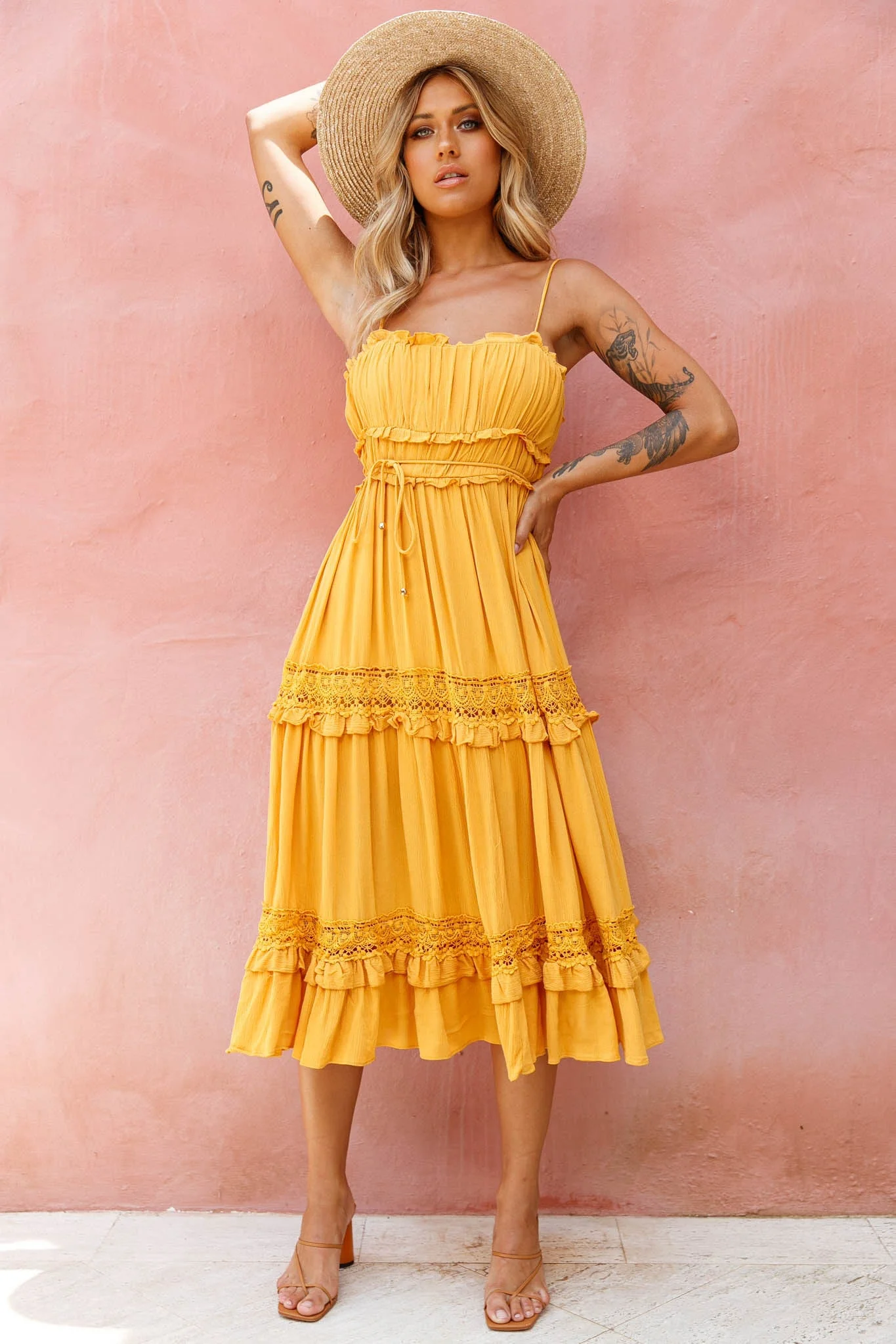 Meet You There Crochet & Frill Trim Detail Midi Dress Mustard - Image 2