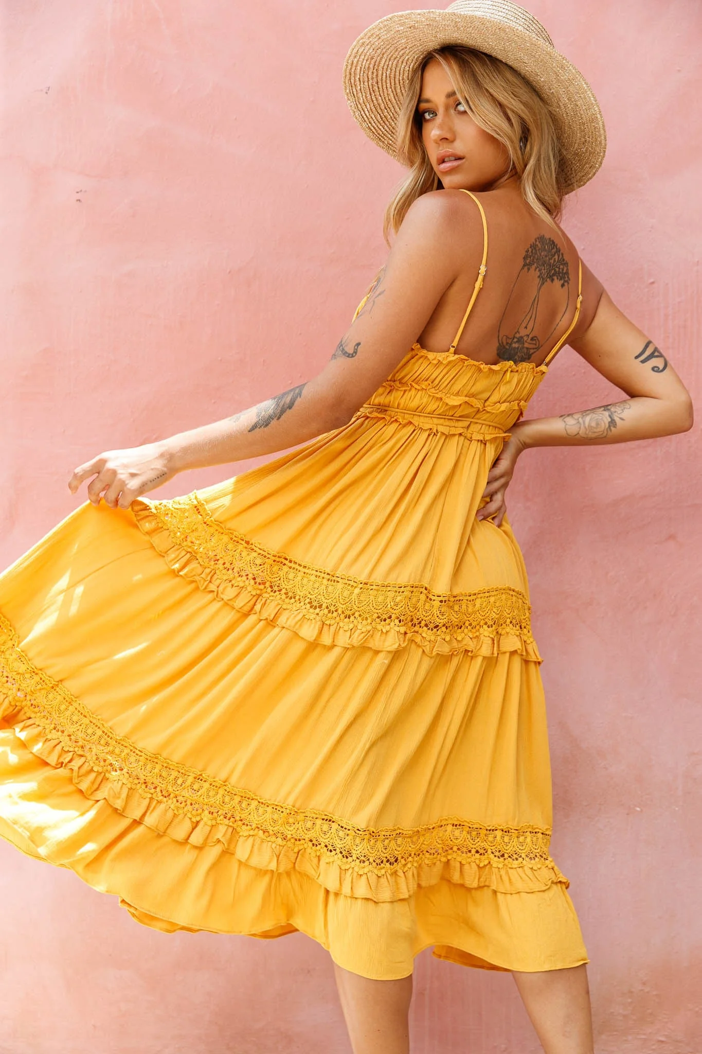Meet You There Crochet & Frill Trim Detail Midi Dress Mustard - Image 3