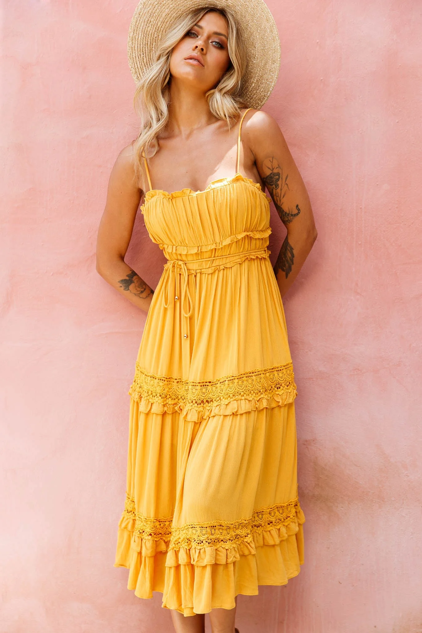 Meet You There Crochet & Frill Trim Detail Midi Dress Mustard - Image 4