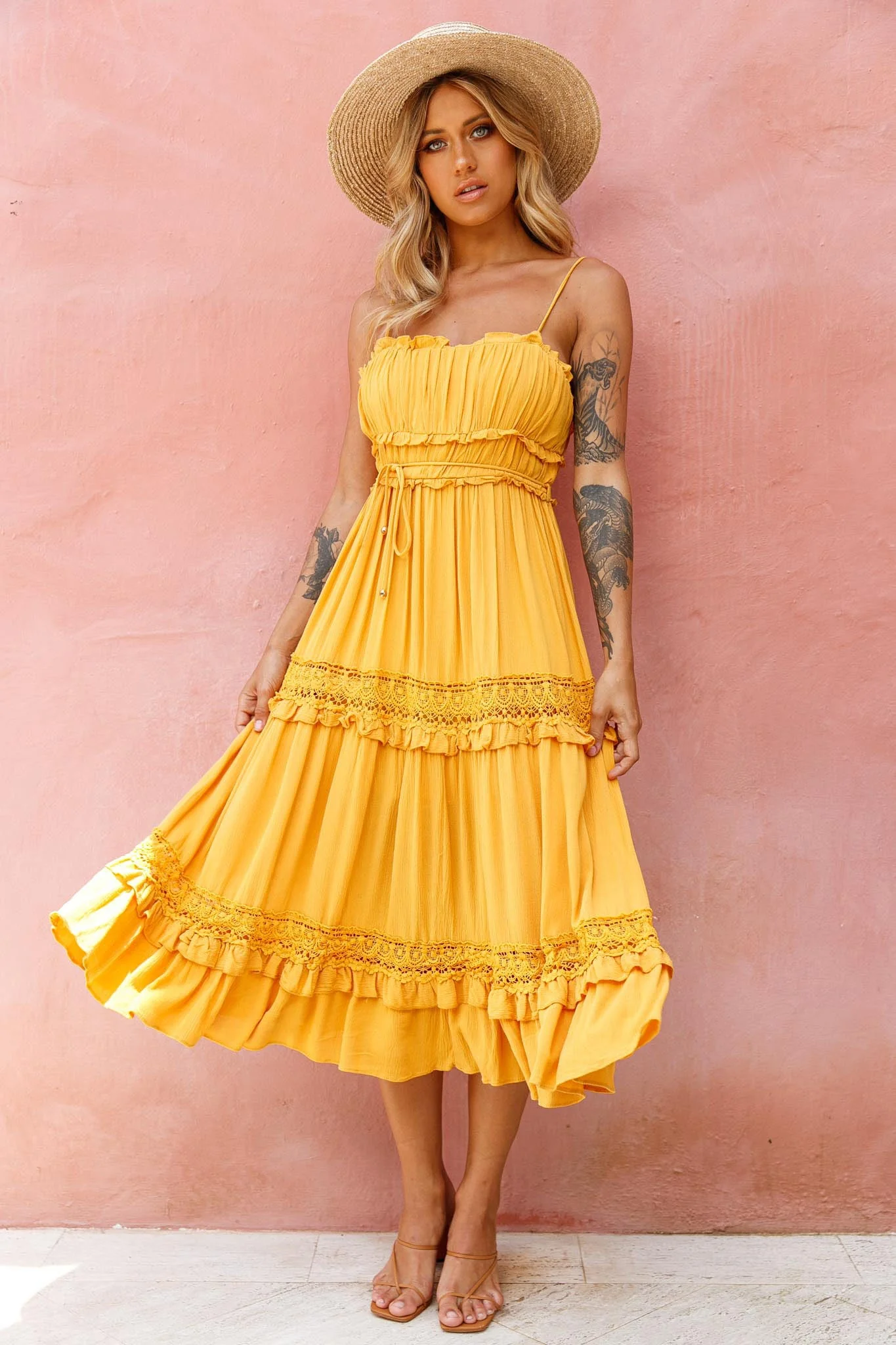 Meet You There Crochet & Frill Trim Detail Midi Dress Mustard - Image 5