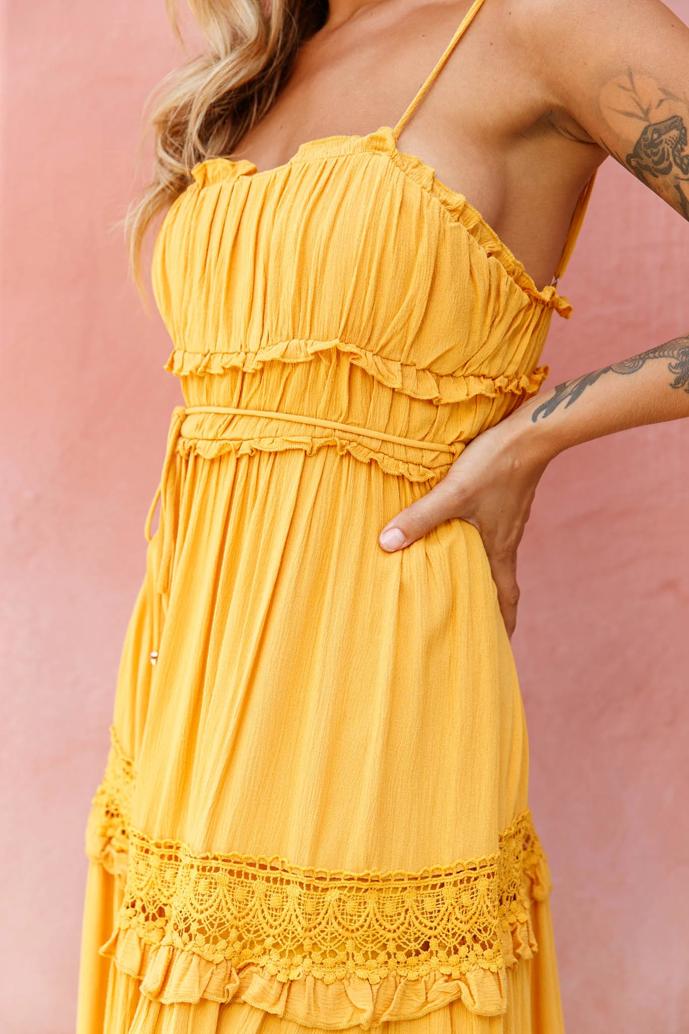 Meet You There Crochet & Frill Trim Detail Midi Dress Mustard - Image 7