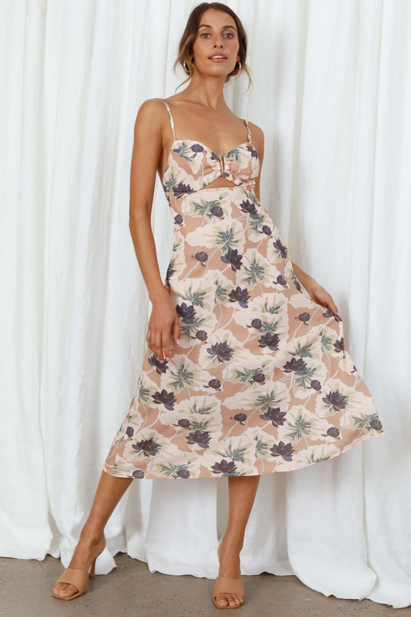 Melancholy Resin Buckle Satin Midi Floral Dress Mocha - Image 3