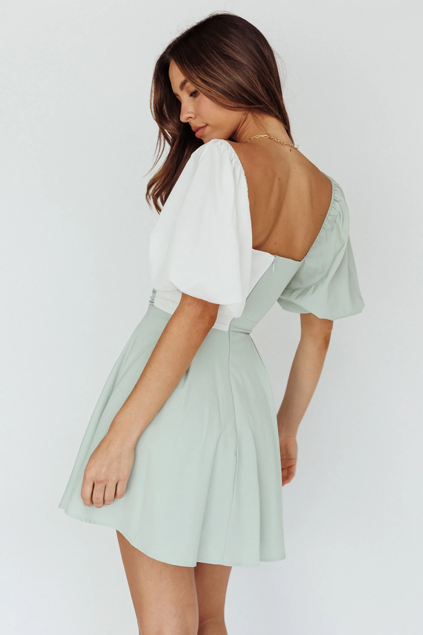 Melie Puff Sleeve Mini Dress Pistachio/White - Image 2