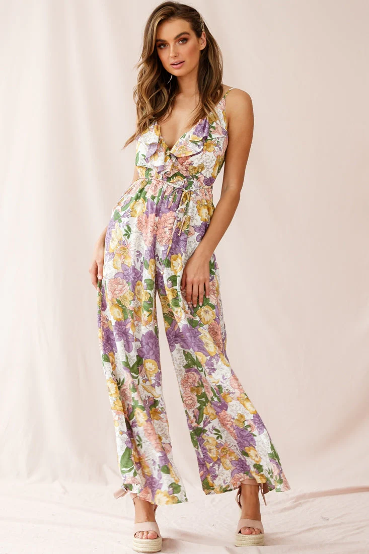 Melita Ruffle V-Neckline Jumpsuit Purple Print - Image 6